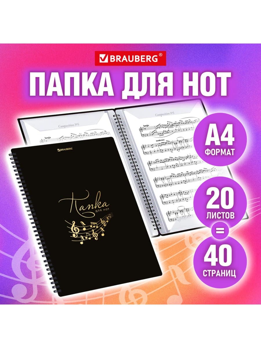 Папка-тетрадь для нот А4, 20 вкладышей на 40 страниц, на гребне, пластик, ЧЕРНАЯ, BRAUBERG, 404643