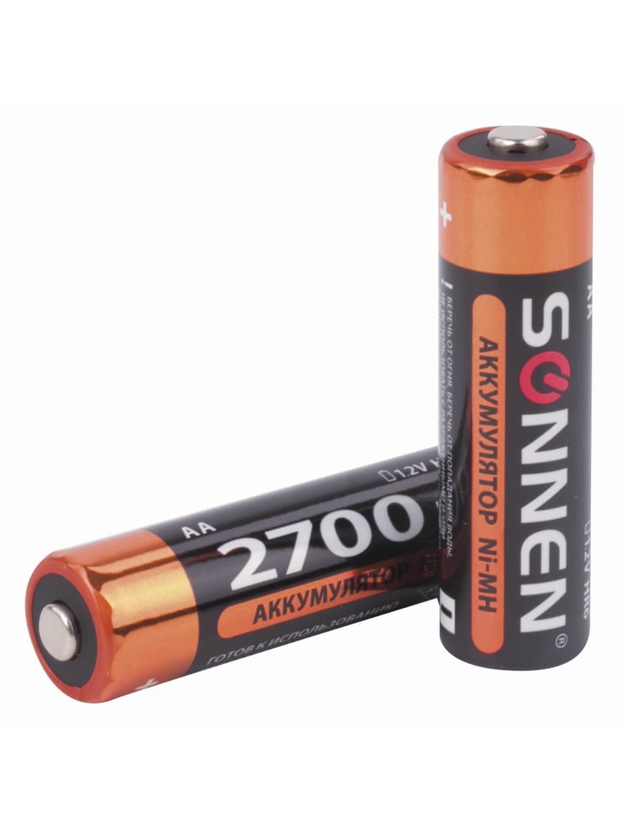 Батарейки аккумуляторные Ni-Mh пальчиковые КОМПЛЕКТ 2 шт., АА (HR6) 2700 mAh, SONNEN, 454235