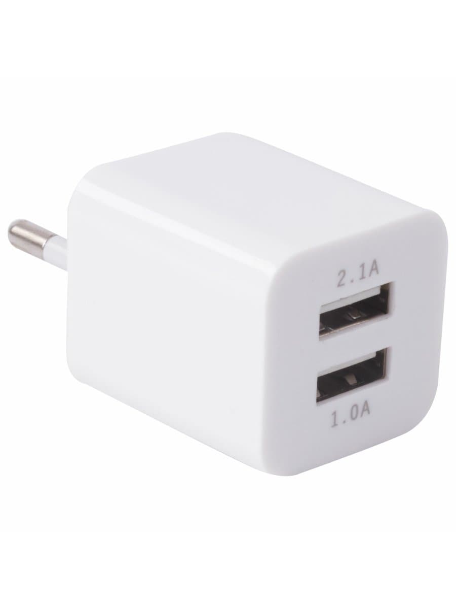 Зарядное устройство сетевое (220В) SONNEN, 2 порта USB, выходной ток 2,1 А, белое, 454797