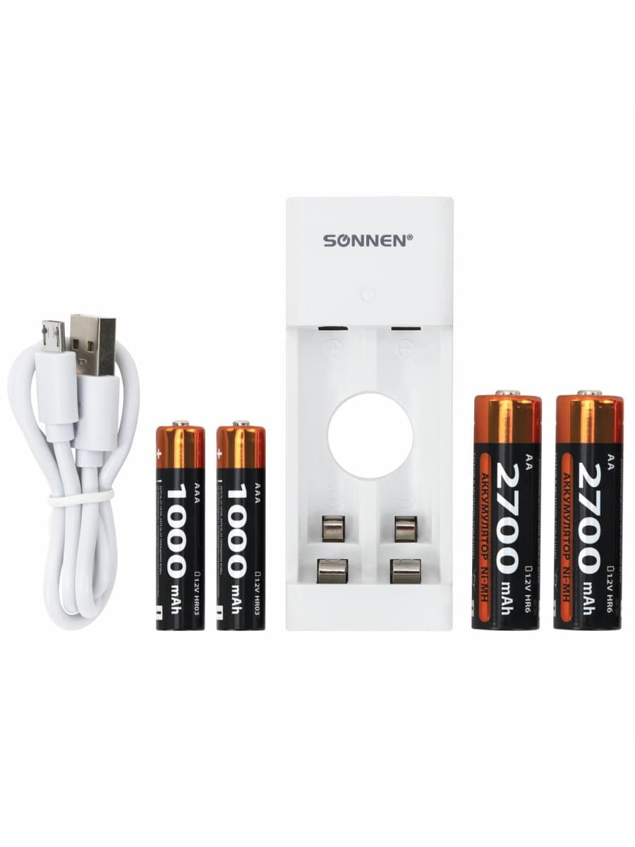 Зарядное устройство с аккумуляторами 4 шт. (2+2) AA+AAA (HR6+HR03), 2700 mAh + 1000 mAh, SONNEN (СОНЕН) BC2, 455005