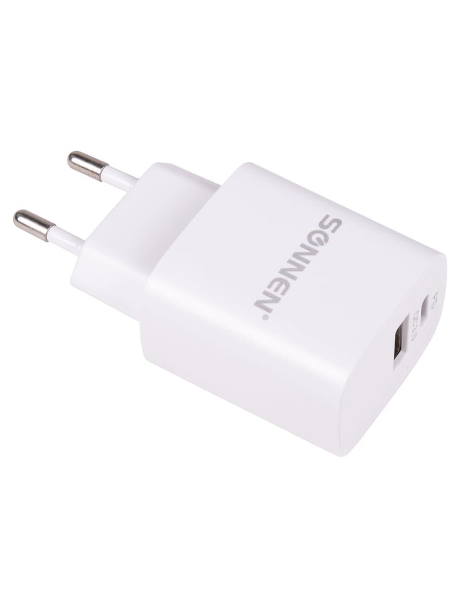 Зарядное устройство быстрое сетевое (220 В) SONNEN, USB QC 3.0 + Type-C PD 20 Вт, 3 А, белое, 455505