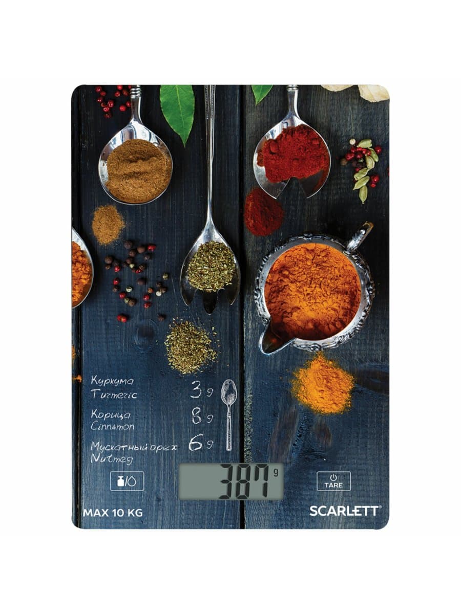Весы кухонные SCARLETT SC-KS57P68, электронный дисплей, max вес 10 кг, тарокомпенсация, стекло