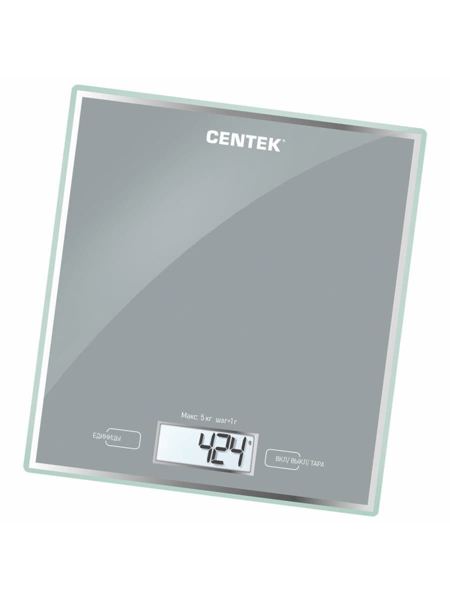 Весы кухонные CENTEK CT-2462 SILVER, электронный дисплей, max вес 5 кг, тарокомпенсация, стекло, CT-2462 Silver