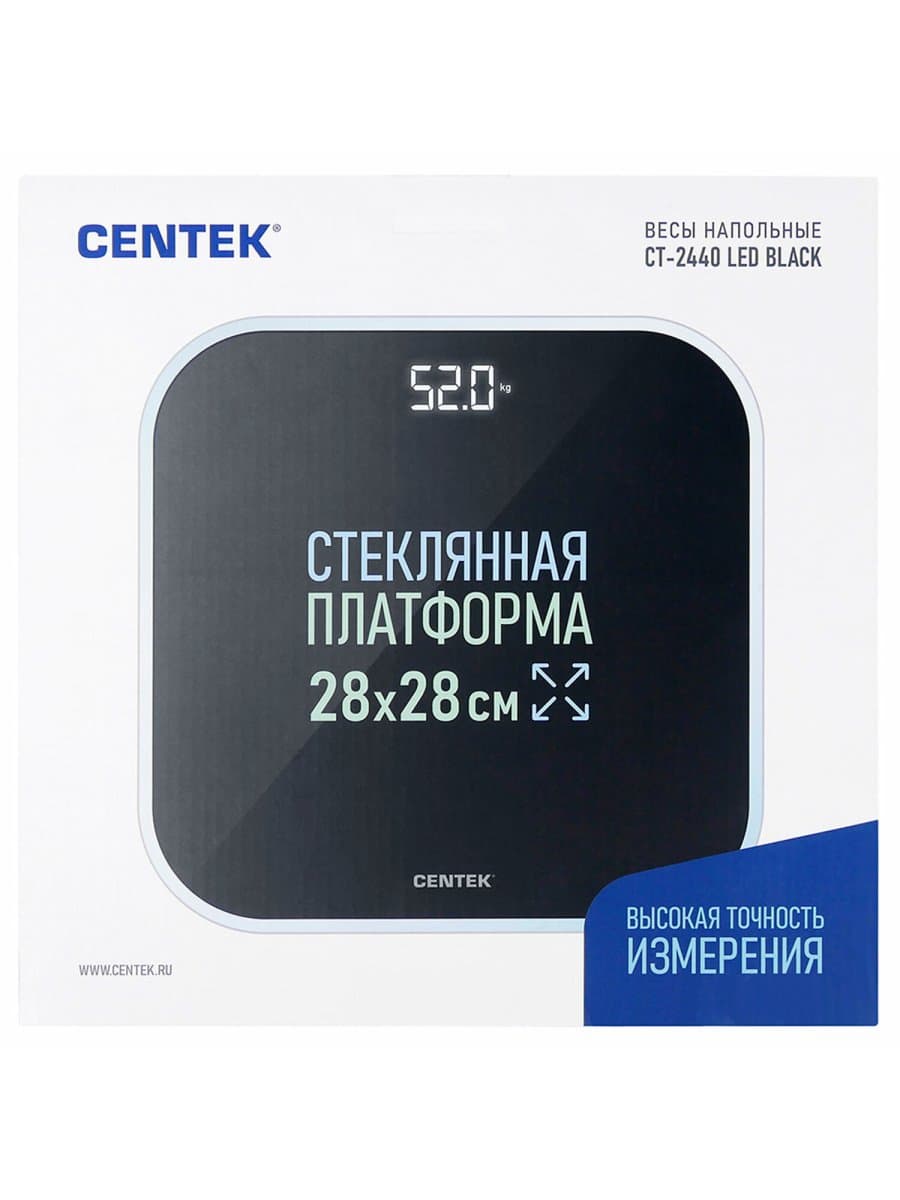 Весы напольные CENTEK CT-2440, электронные, вес до 180 кг, квадрат, стекло, черные