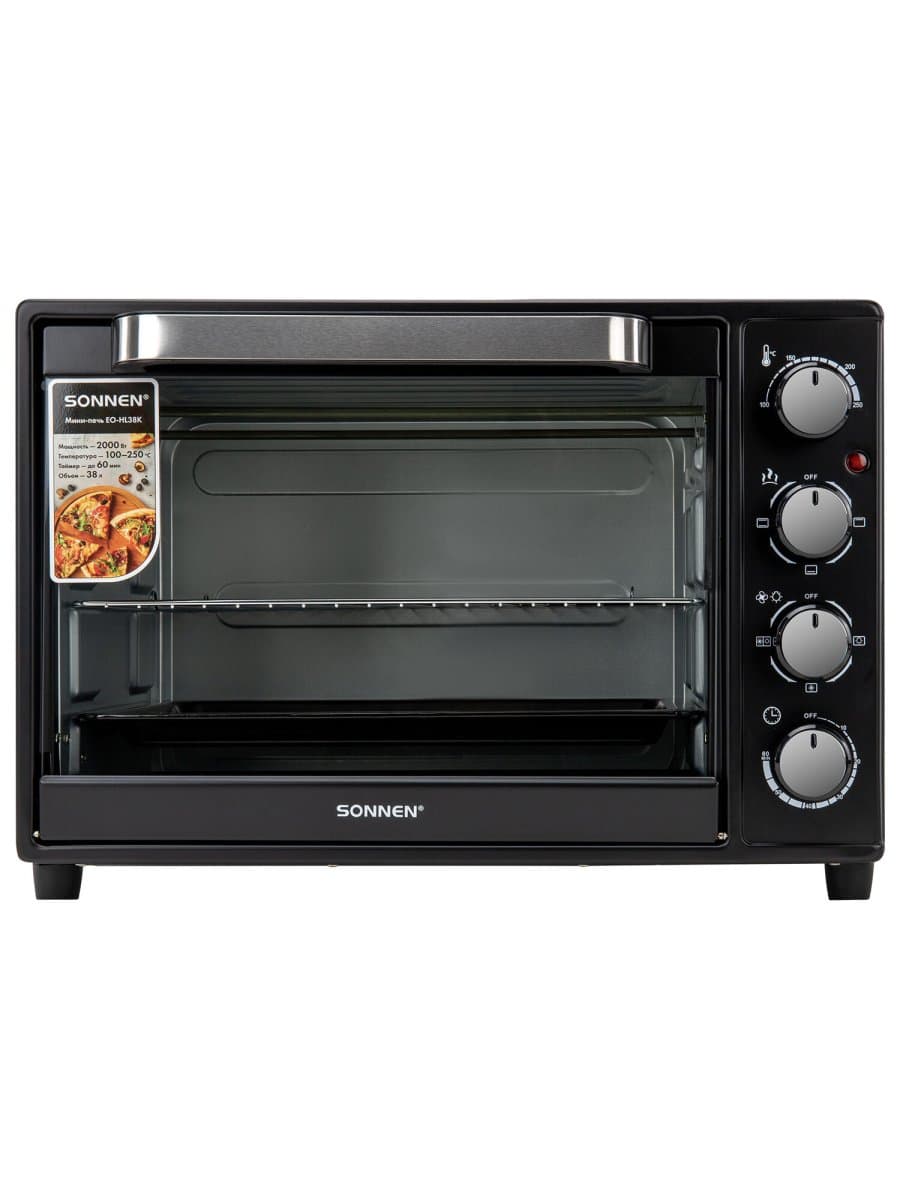 Мини-печь электрическая SONNEN EO-HL38K, 2000 Вт, 38 л, 3 режима нагрева, режим конвекции, таймер, механическое управление, черная, 458306