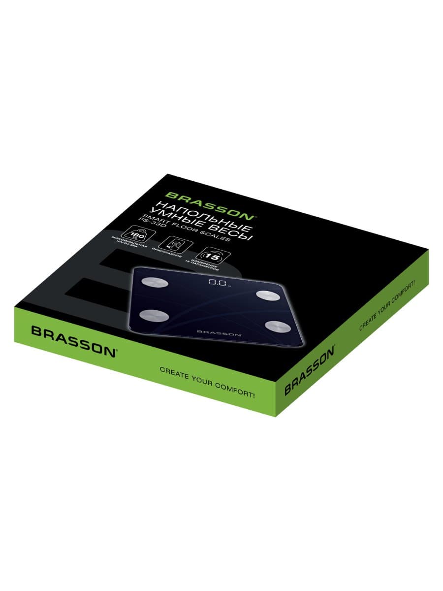 Весы напольные диагностические BRASSON (БРАССОН) FS-33D, 30x30 см, до 180 кг, 15 параметров, стекло, черные, 458447