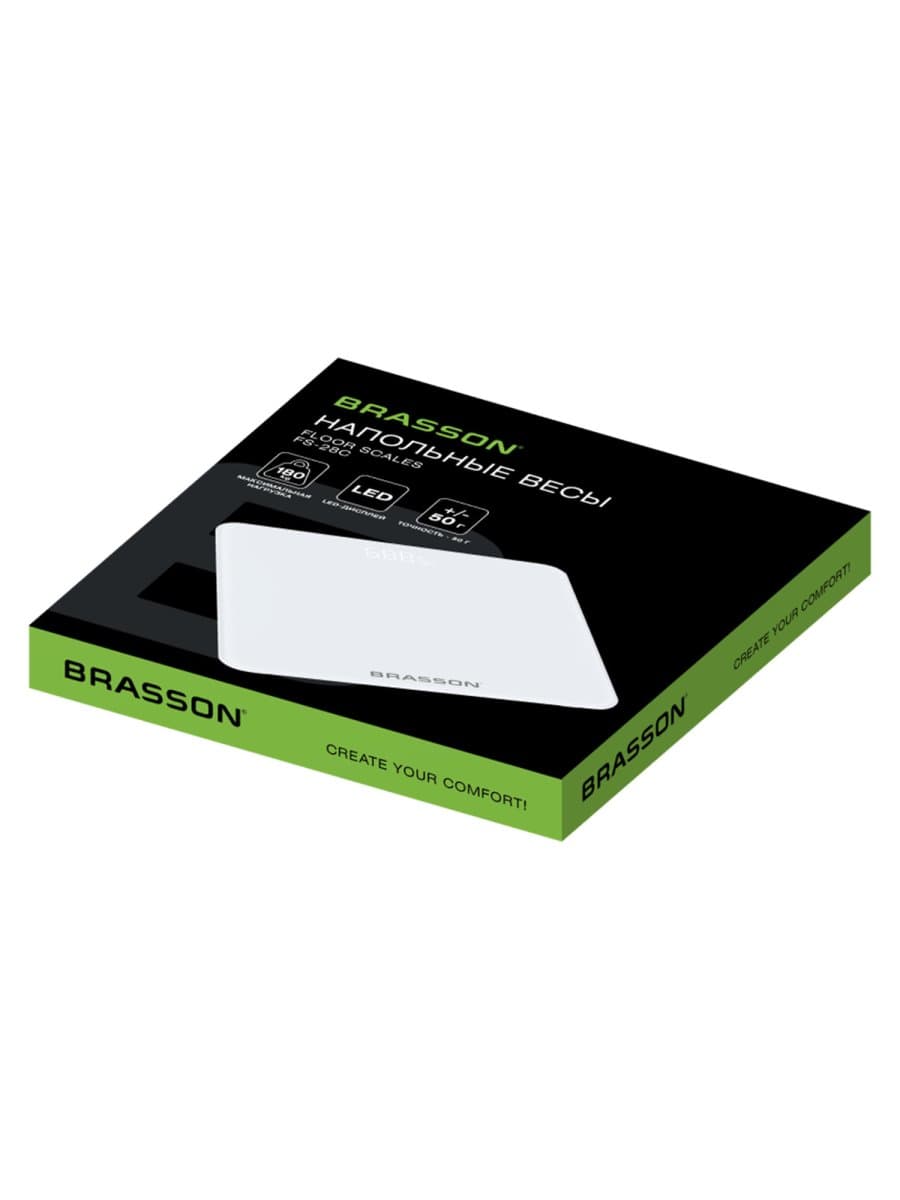 Весы напольные BRASSON (БРАССОН) FS-28С, 28x28 см, электронные, LED-дисплей, до 180 кг, стекло, белые, 458448