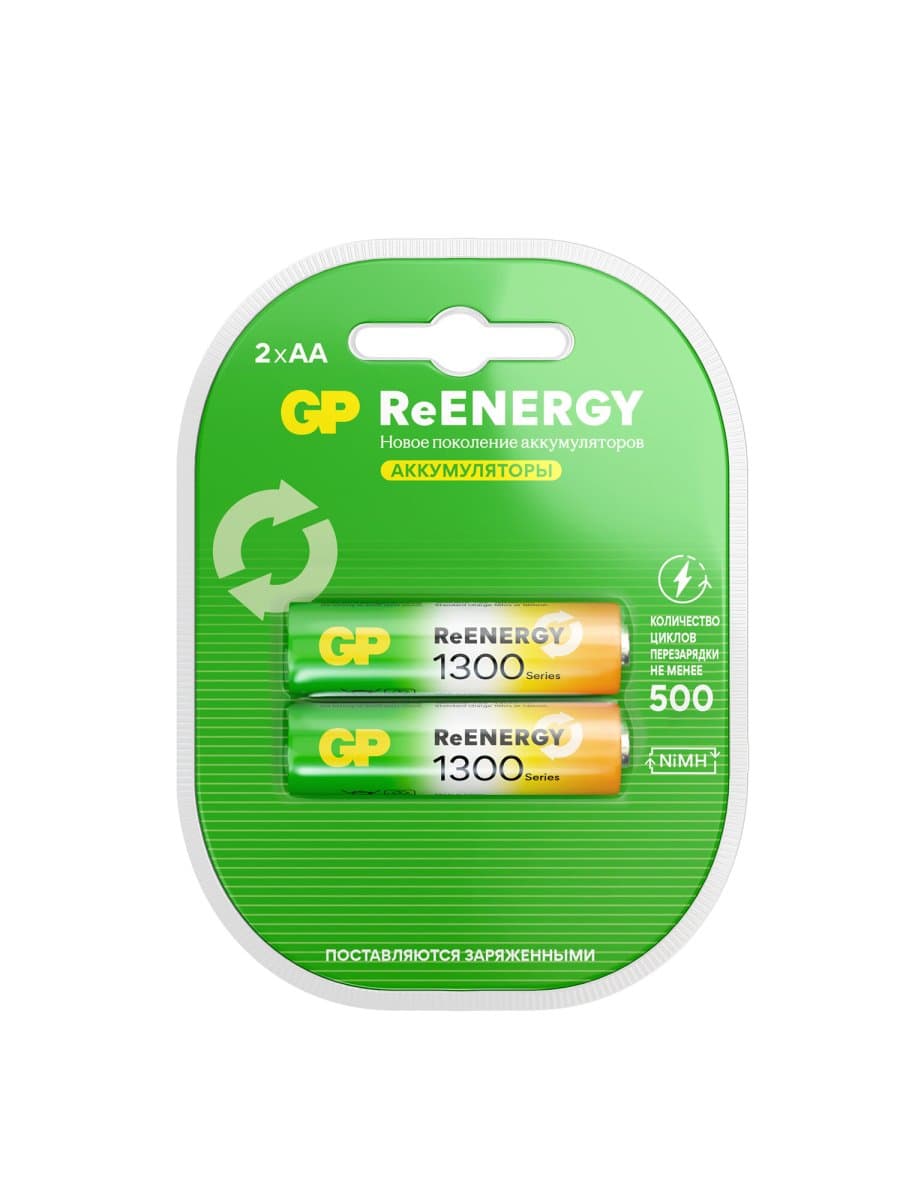 Батарейки аккумуляторные GP ReEnergy Ni-Mh пальчиковые КОМПЛЕКТ 2 шт., AA (HR6), 1300 mAh, 130AAHCRGY, 130AAHCRGY-2CRC