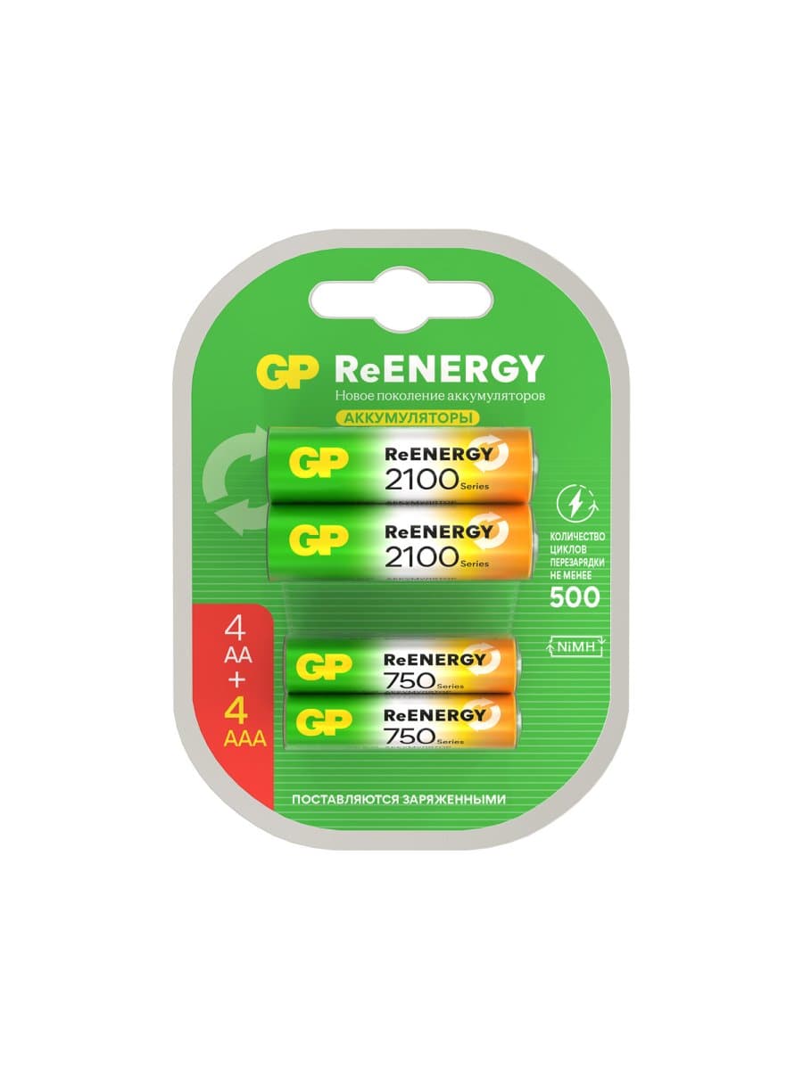 Батарейки аккумуляторные GP ReEnergy Ni-Mh НАБОР 8 шт. (ПРОМО 4+4), AA+ААА (HR6+HR03), 2000 mAh + 750 mAh, 210AAHC/75AAAHC