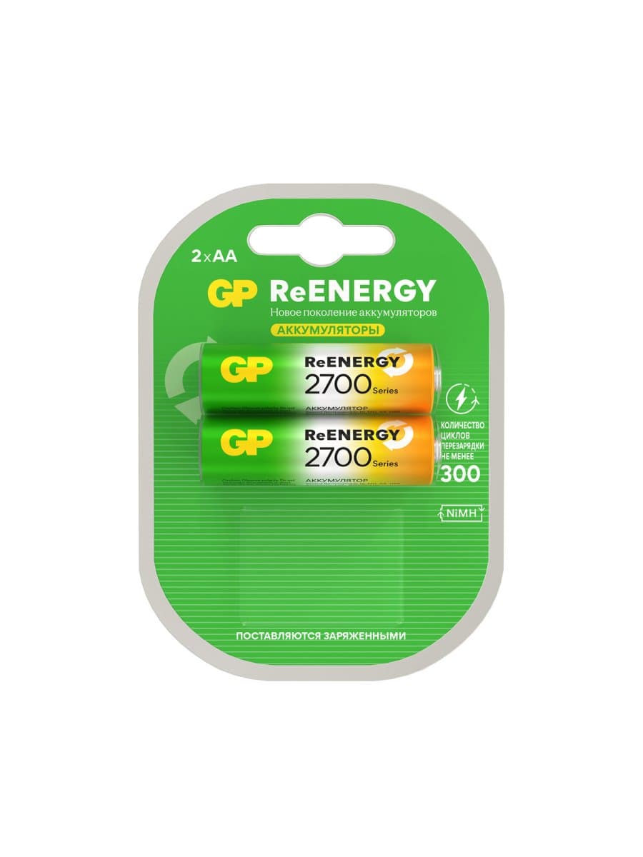 Батарейки аккумуляторные GP ReEnergy Ni-Mh пальчиковые КОМПЛЕКТ 2 шт., АА (HR6), 2600 mAh, 270AAHCRGY, 270AAHCRGY-2CR