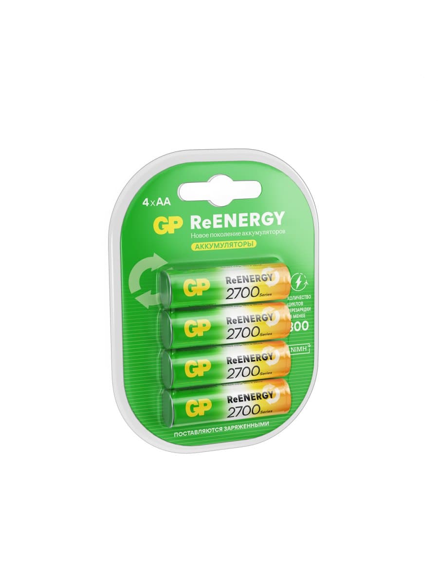 Батарейки аккумуляторные GP ReEnergy Ni-Mh пальчиковые КОМПЛЕКТ 4 шт., АА (HR6), 2600mAh, 270AAHCRGY, 270AAHCRGY-2CRC