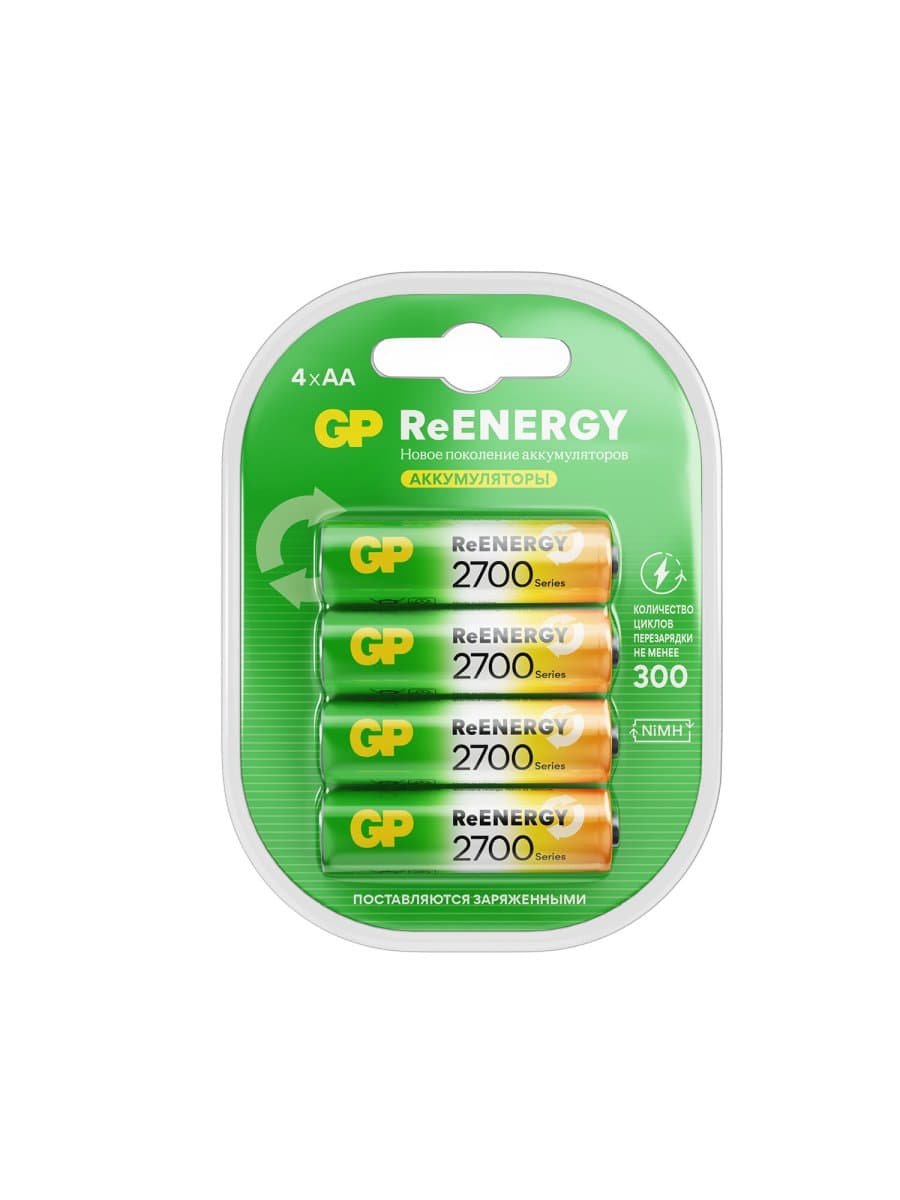 Батарейки аккумуляторные GP ReEnergy Ni-Mh пальчиковые КОМПЛЕКТ 4 шт., АА (HR6), 2600mAh, 270AAHCRGY, 270AAHCRGY-2CRC