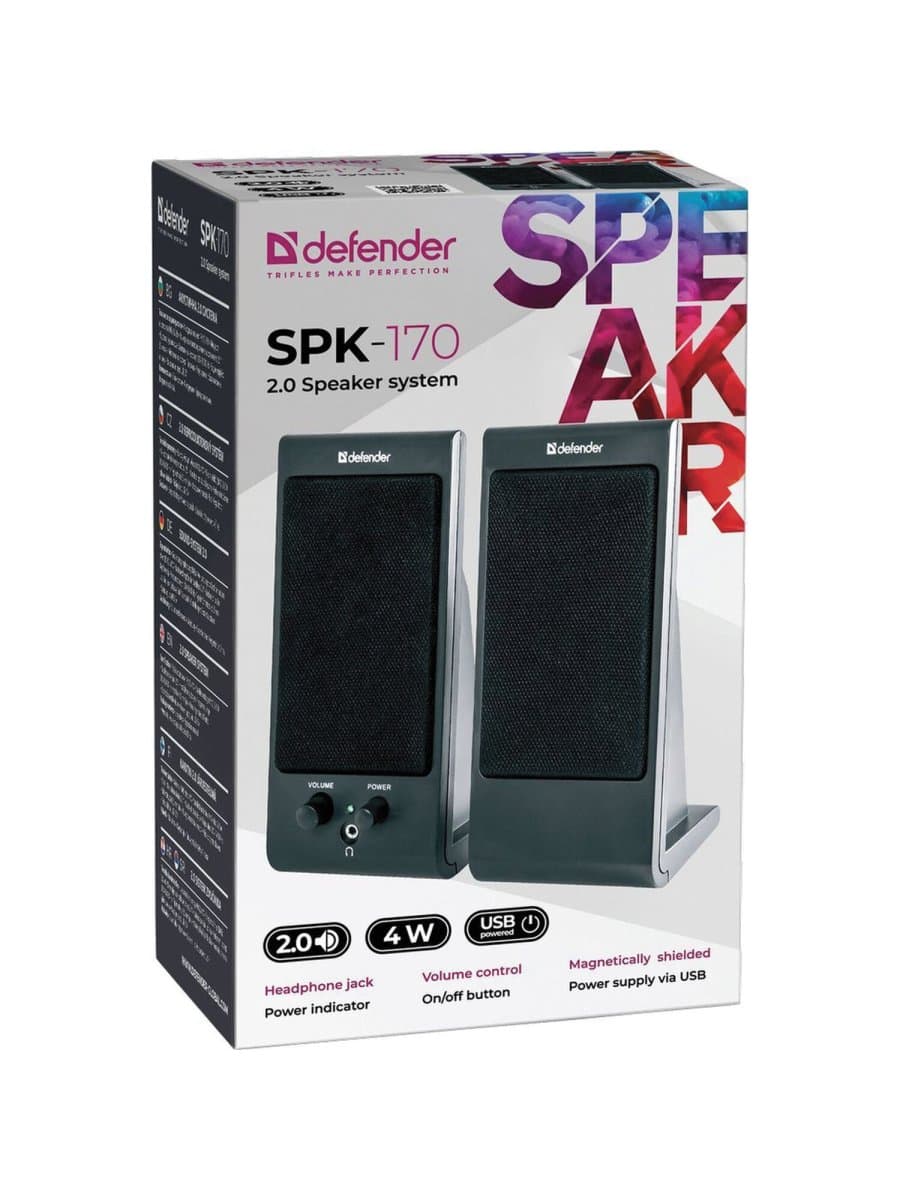 Колонки компьютерные DEFENDER SPK-165/170, 2.0, 2х2 W, пластик, черные, разъем для наушников, 65165