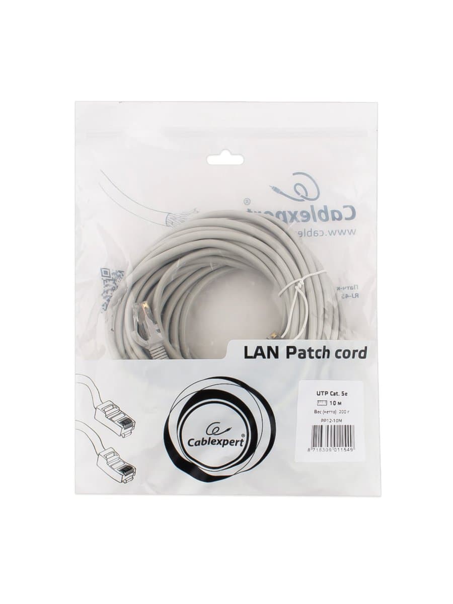 Кабель (патч-корд) UTP 5Е категория, RJ-45, 10 м, CABLEXPERT, для подключения по локальной сети LAN, PP12-10M