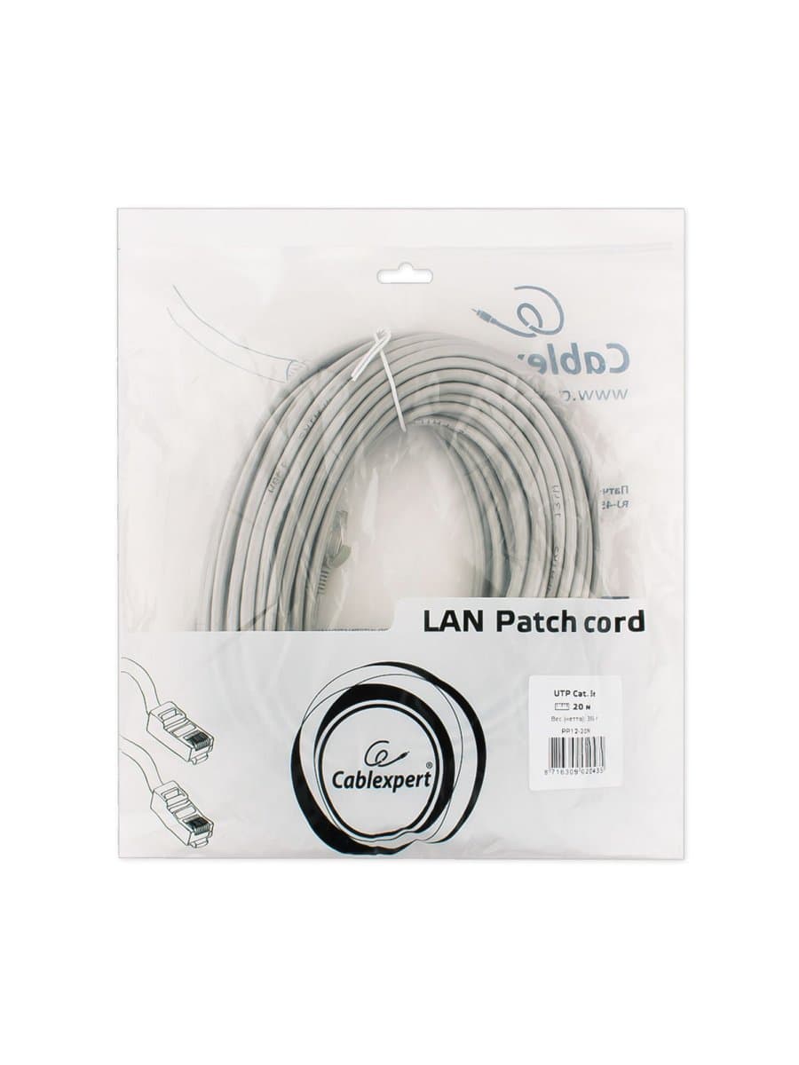 Кабель (патч-корд) UTP 5Е категория, RJ-45, 20 м, CABLEXPERT, для подключения по локальной сети LAN, PP12-20M