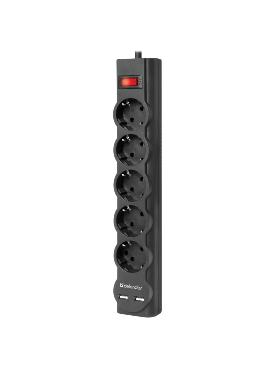 Сетевой фильтр DEFENDER DFS 753, 5 розеток, 2 разъема USB, 3 м, черный, 99753