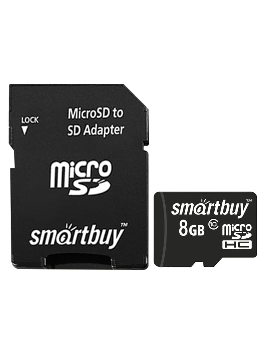 Карта памяти micro SDHC, 8 GB, SMARTBUY, 10 Мб/сек. (class 10), с адаптером, SB8GBSDCL10-01