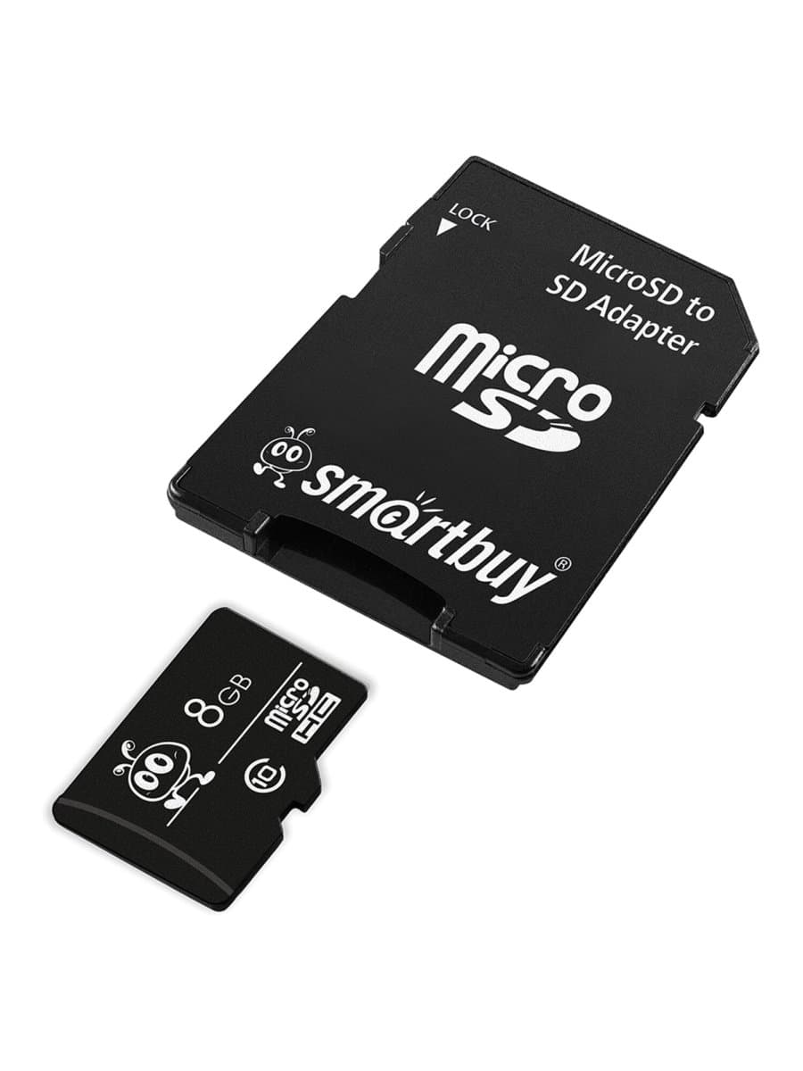 Карта памяти micro SDHC, 8 GB, SMARTBUY, 10 Мб/сек. (class 10), с адаптером, SB8GBSDCL10-01
