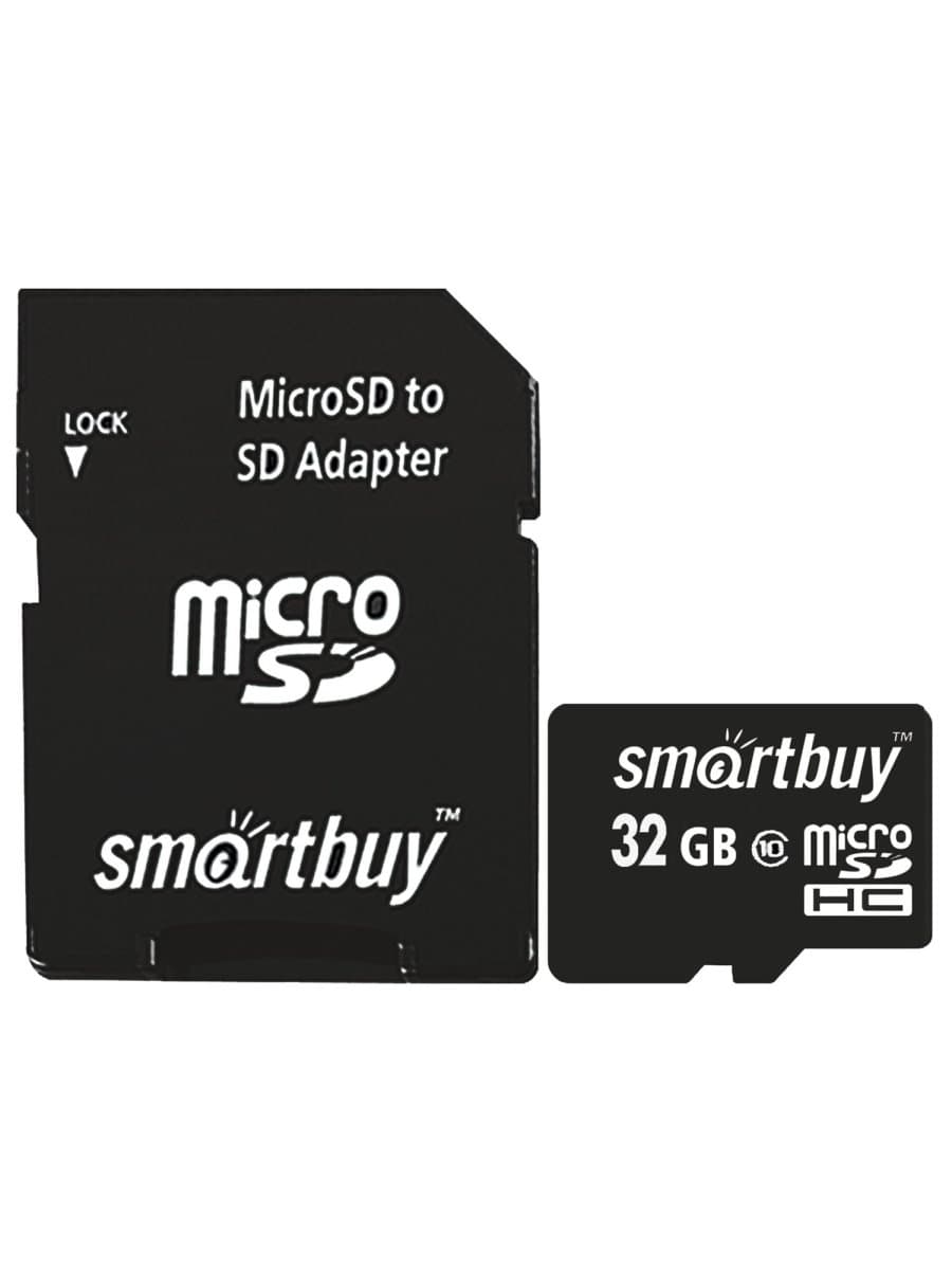 Карта памяти micro SDHC, 32 GB, SMARTBUY, 10 Мб/сек. (class 10), с адаптером, SB32GBSDCL10-01