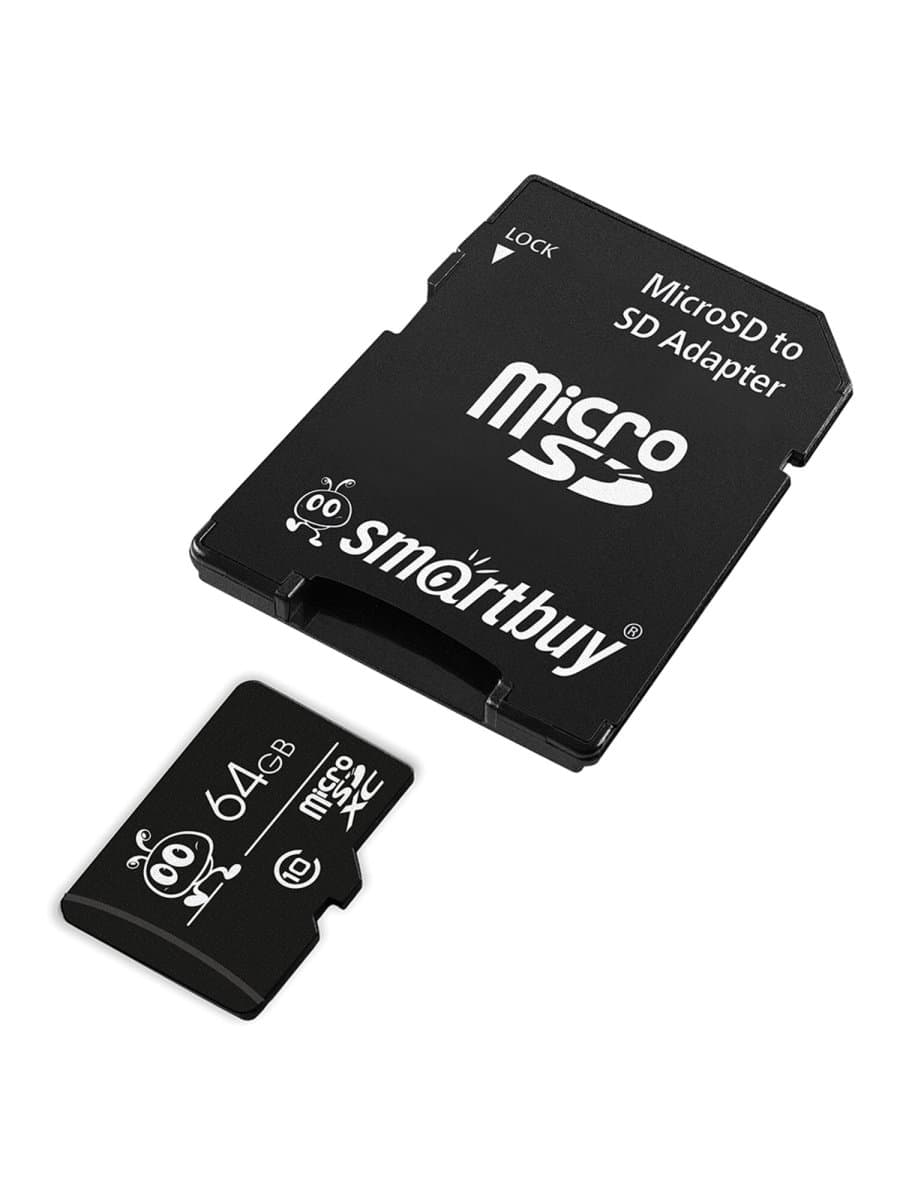 Карта памяти micro SDXC, 64 GB, SMARTBUY, 10 Мб/сек. (class 10), с адаптером, SB64GBSDCL10-01