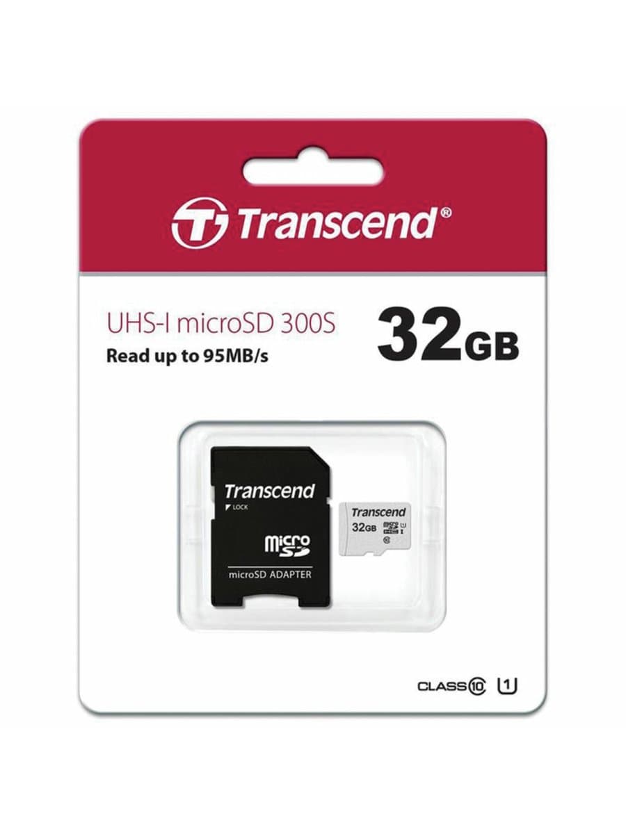 Карта памяти microSDHC 32 GB TRANSCEND UHS-I U3, 95 Мб/сек (class 10), адаптер, TS32GUSD300S-A