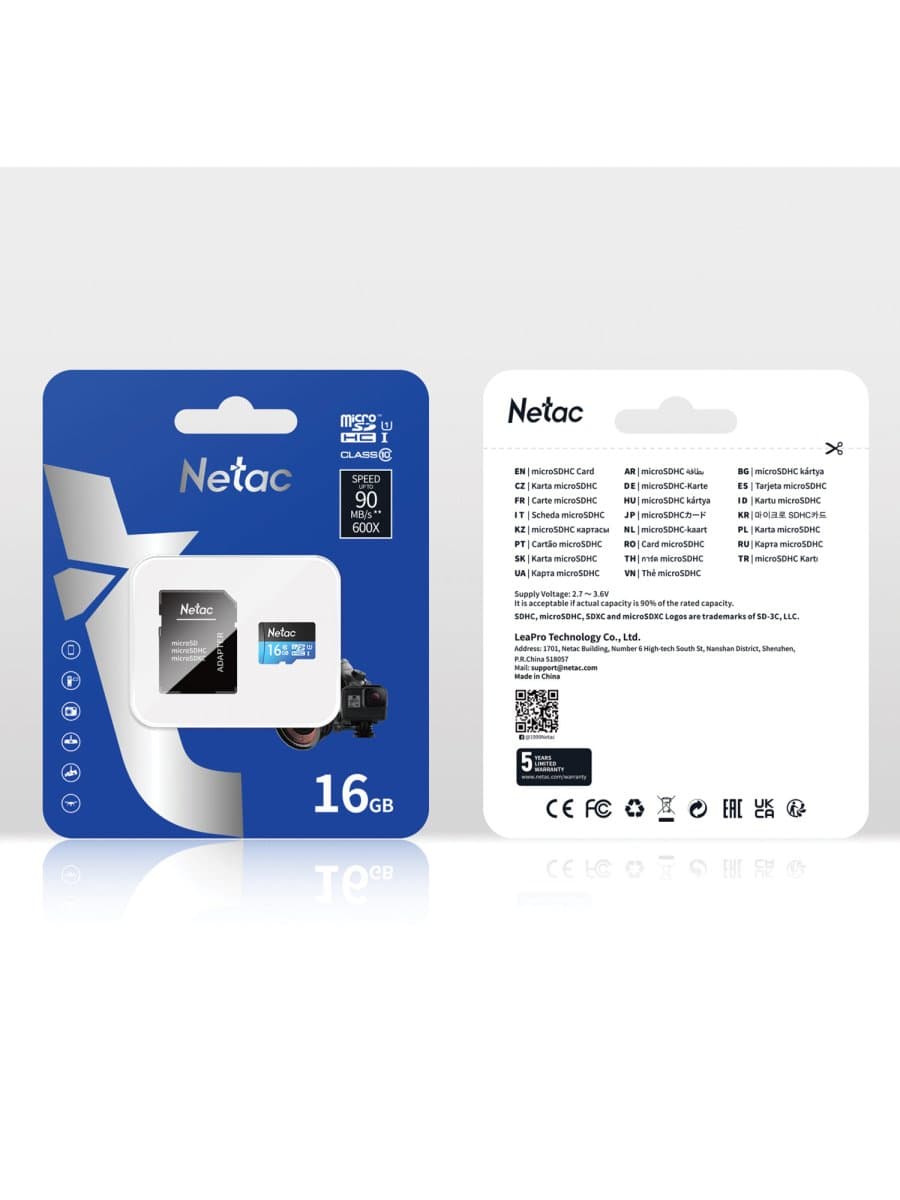 Карта памяти microSDHC 16 ГБ NETAC P500 Standard, UHS-I U1,80 Мб/с (class 10), адаптер, NT02P500STN-016G-R