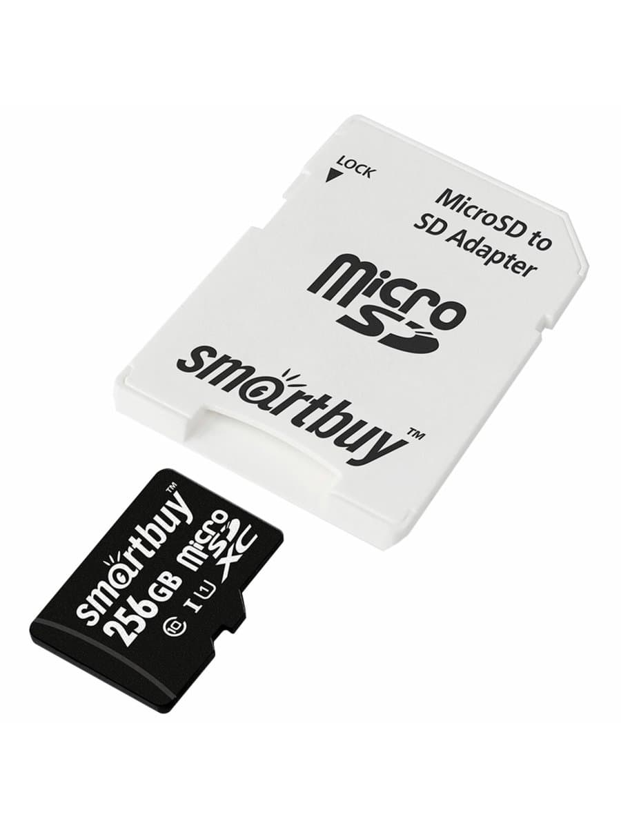 Карта памяти microSDXC 256 GB SMARTBUY, UHS-I, 90 Мб/сек (class 10), с адаптером, SB256GBSDCL10-01
