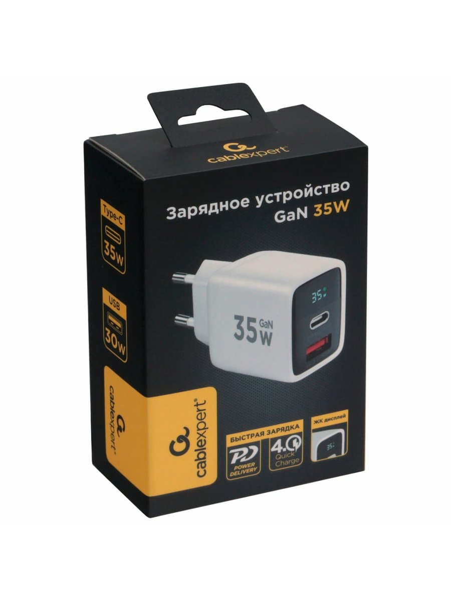 Зарядное устройство сетевое (220В) CABLEXPERT, дисплей, 35 Вт GaN, QC4/PD3, 1хUSB, 1хType-C, MP3A-PC-52
