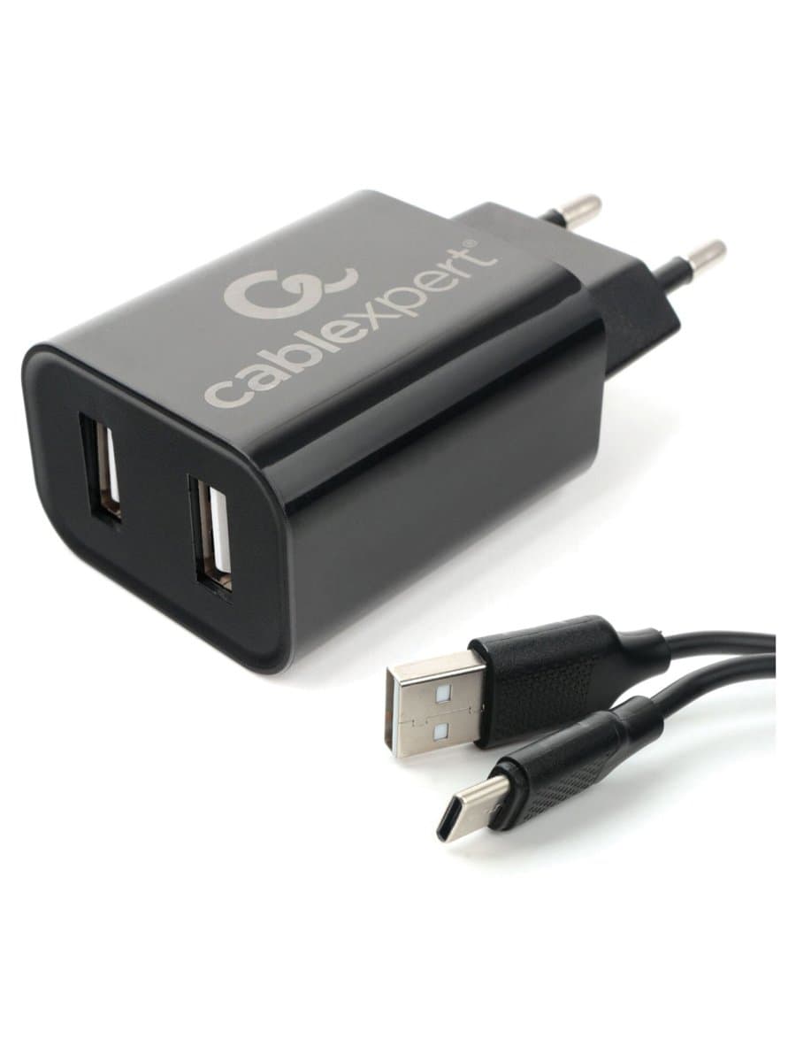 Зарядное устройство CABLEXPERT 12 Вт, 2.4 А, 2 х USB, кабель Type-C, 1 м, черный, коробка-блистер, MP3A-PC-37