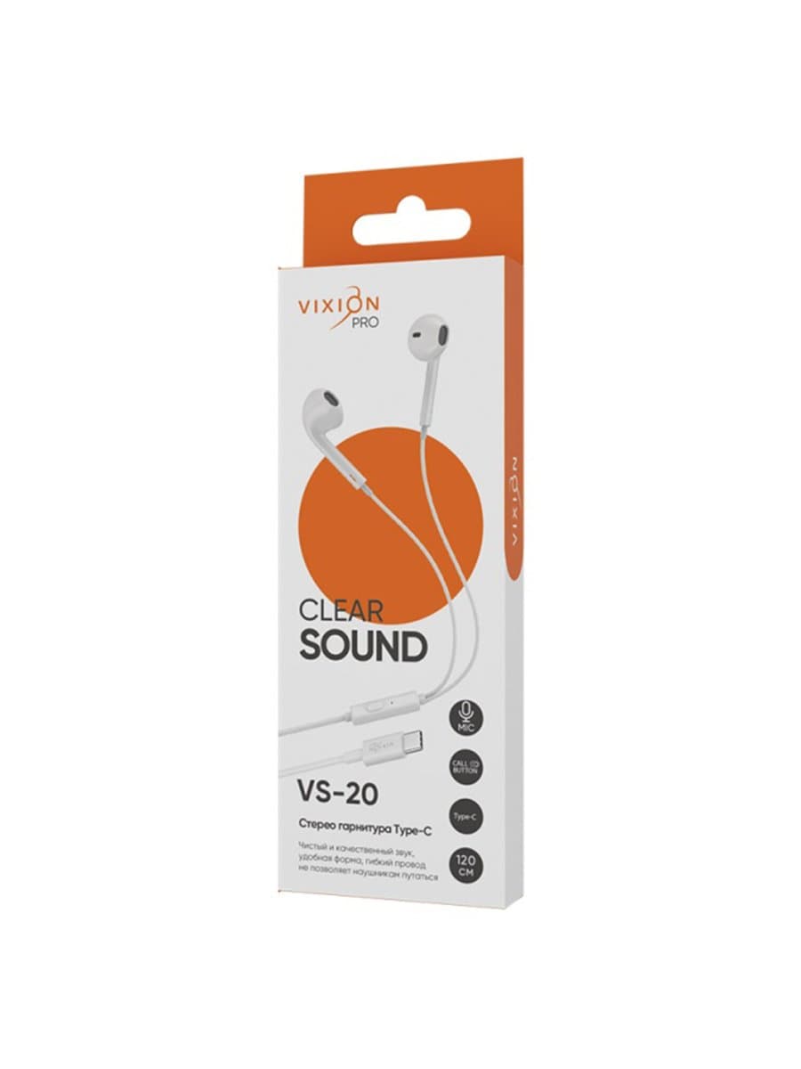 Наушники с микрофоном (гарнитура) VIXION PRO VS-20, проводные, 1,2 м, Type-C, белый, 06319, БП-00001068