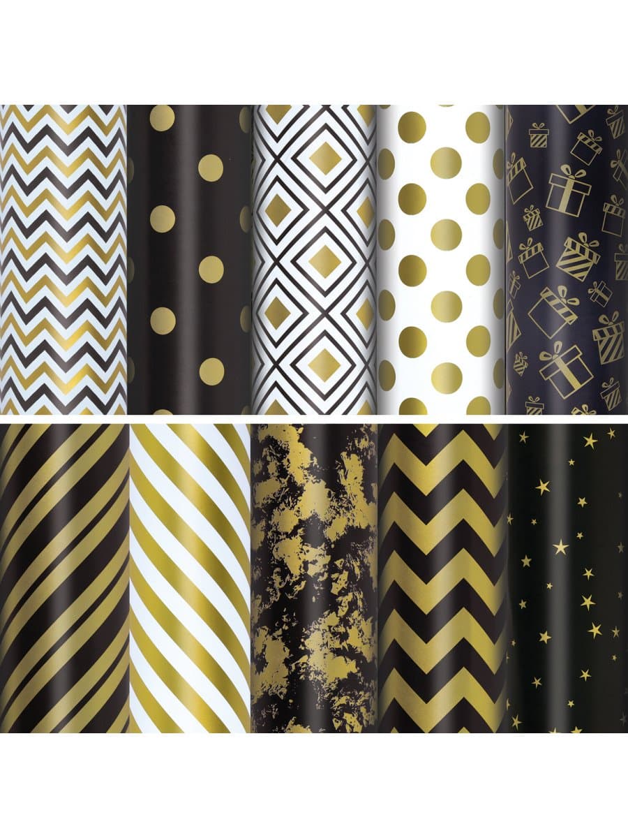 Бумага упаковочная подарочная мелованная "Golden pattern", 70x100 см, 10 дизайнов ассорти, ЗОЛОТАЯ СКАЗКА, 591912