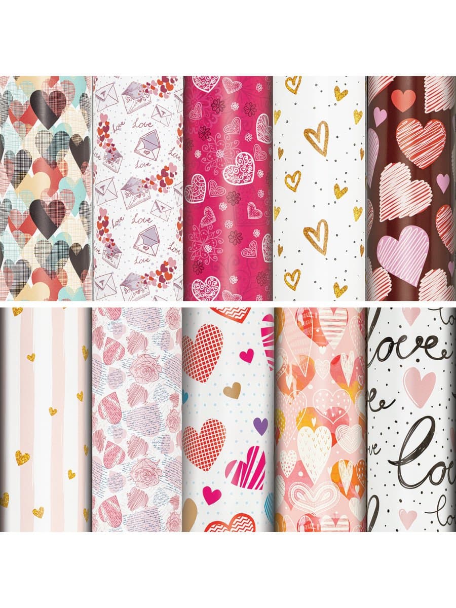 Бумага упаковочная подарочная мелованная "Love Story", 70x100 см, 10 дизайнов ассорти, ЗОЛОТАЯ СКАЗКА, 591916