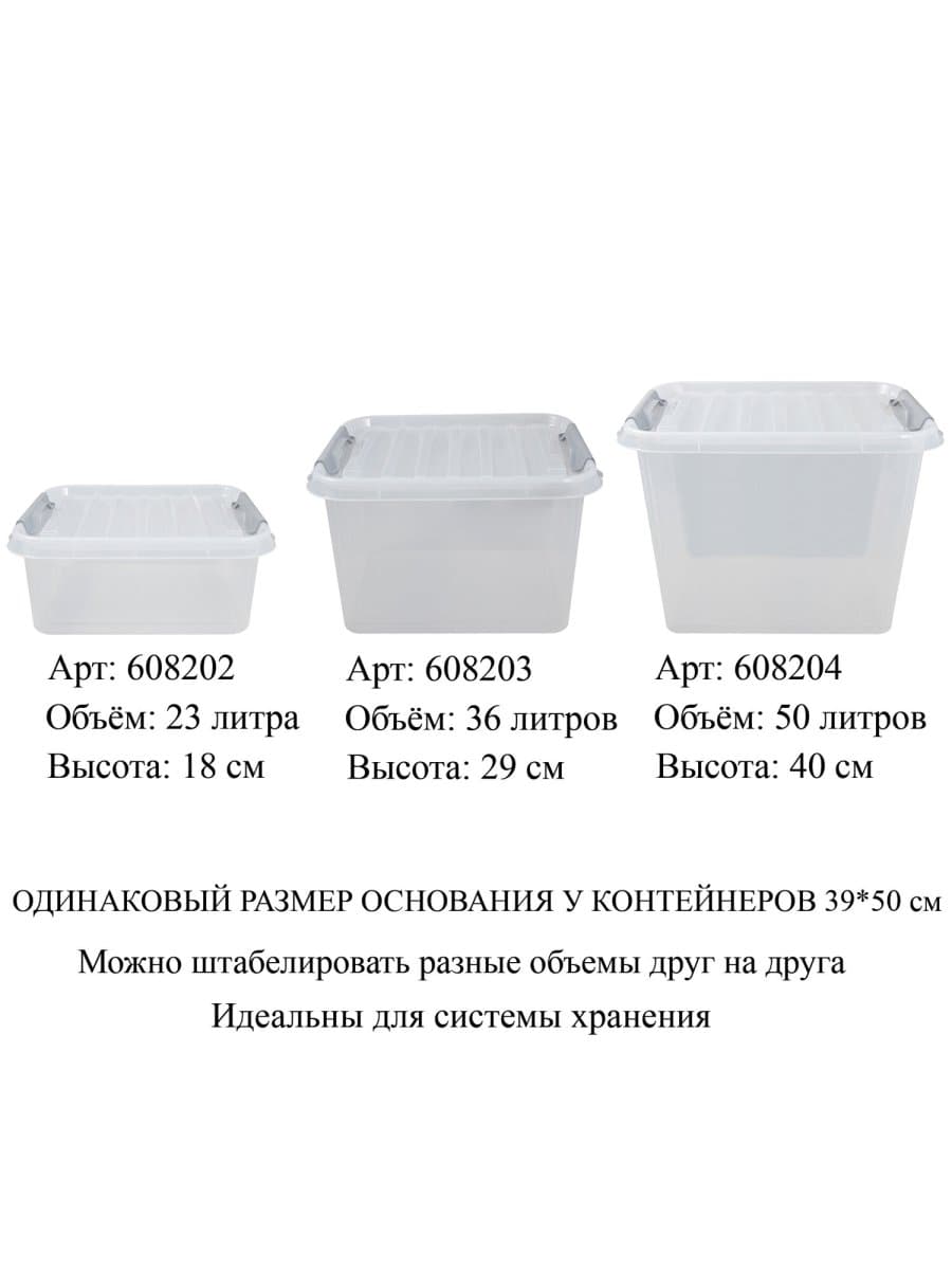Ящик-контейнер 36 л с КРЫШКОЙ НА ЗАЩЕЛКАХ "ПРОФИ", 29х50х39 см штабелируемый, ПРОЧНЫЙ, прозрачный, 437950000