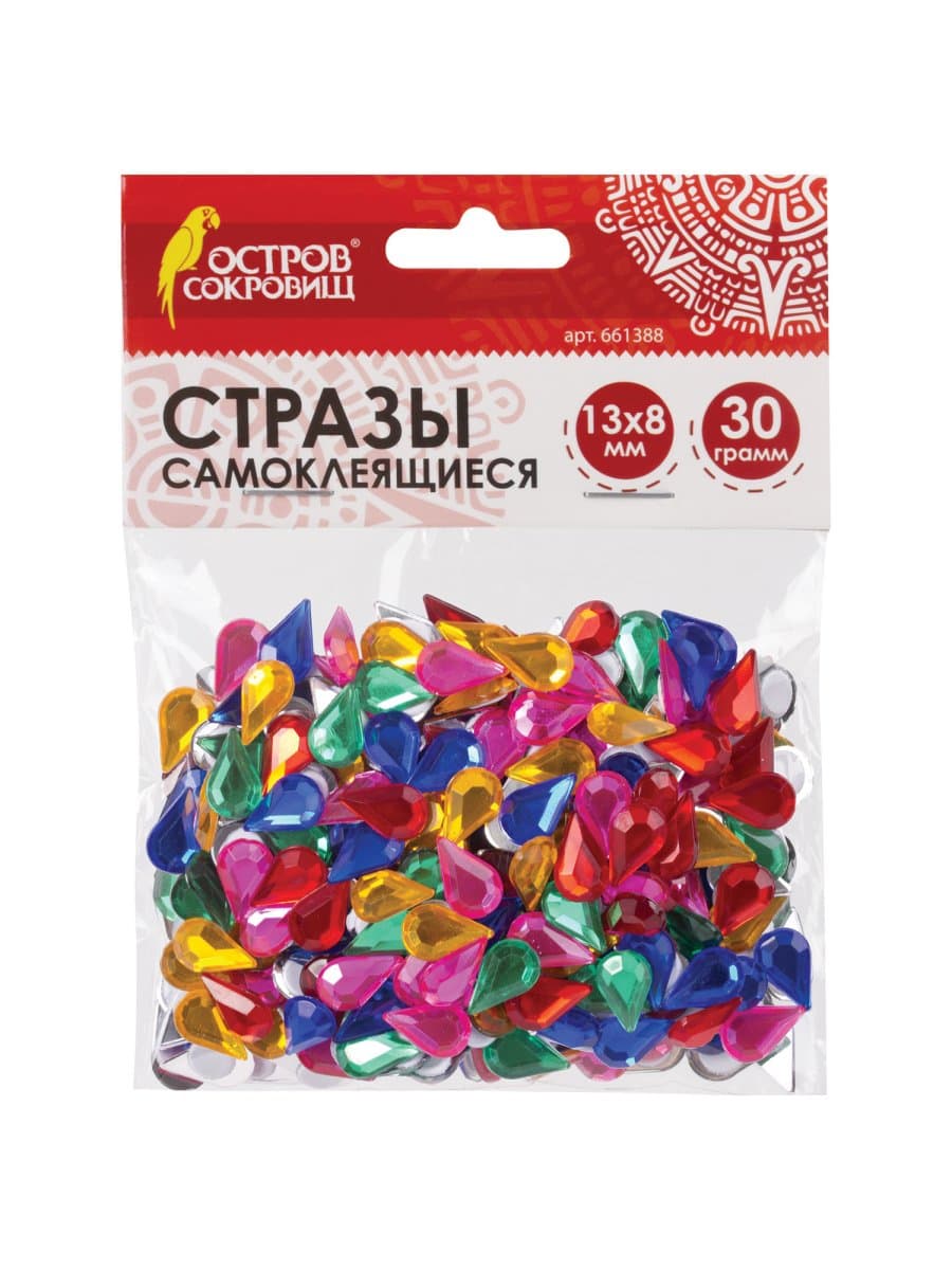 Стразы самоклеящиеся "Капля", 13х8 мм, 30 г, 5 цветов, ОСТРОВ СОКРОВИЩ, 661388