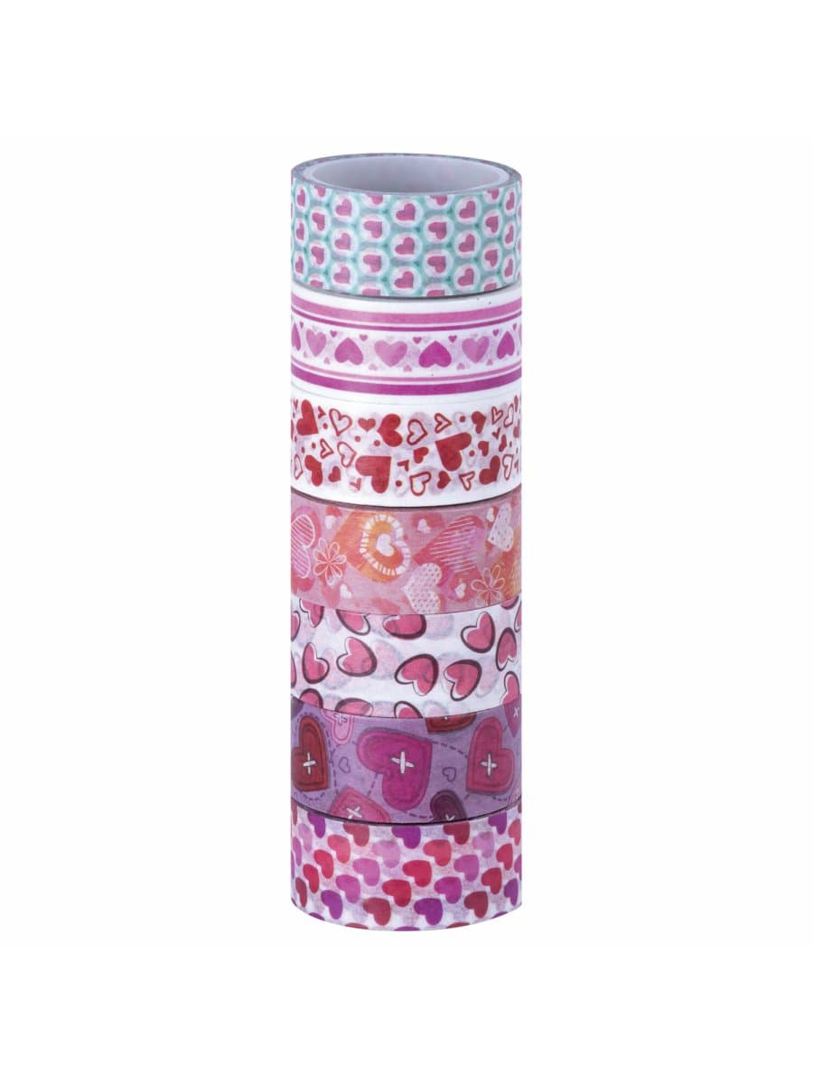 Клейкие WASHI-ленты для декора "СЕРДЦА", 15 мм х 3 м, 7 цветов, рисовая бумага, ОСТРОВ СОКРОВИЩ, 661708