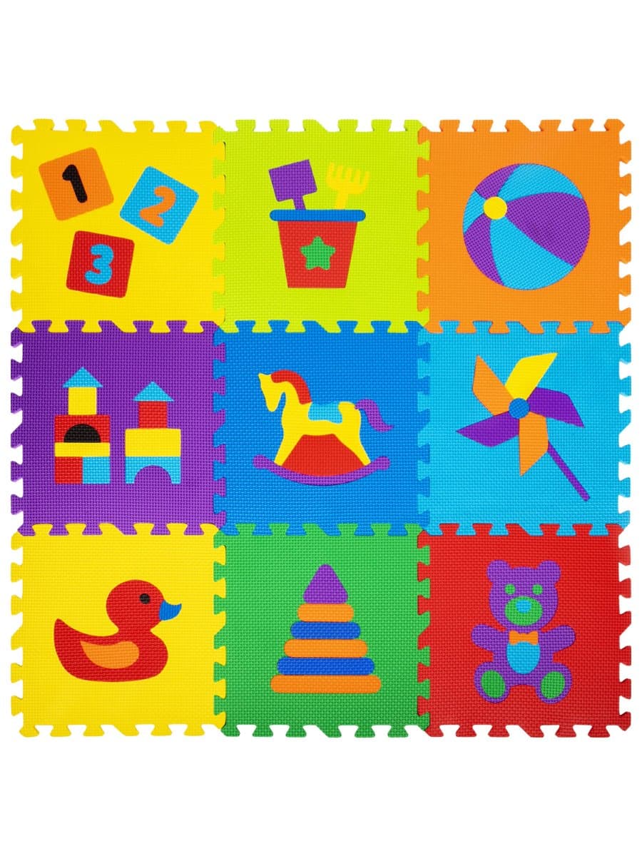 Коврик-пазл 0,9х0,9 м, мягкий, "Игрушки", 9 элементов, 30х30 см, толщина 1 см, ЮНЛАНДИЯ, 646668, 664668