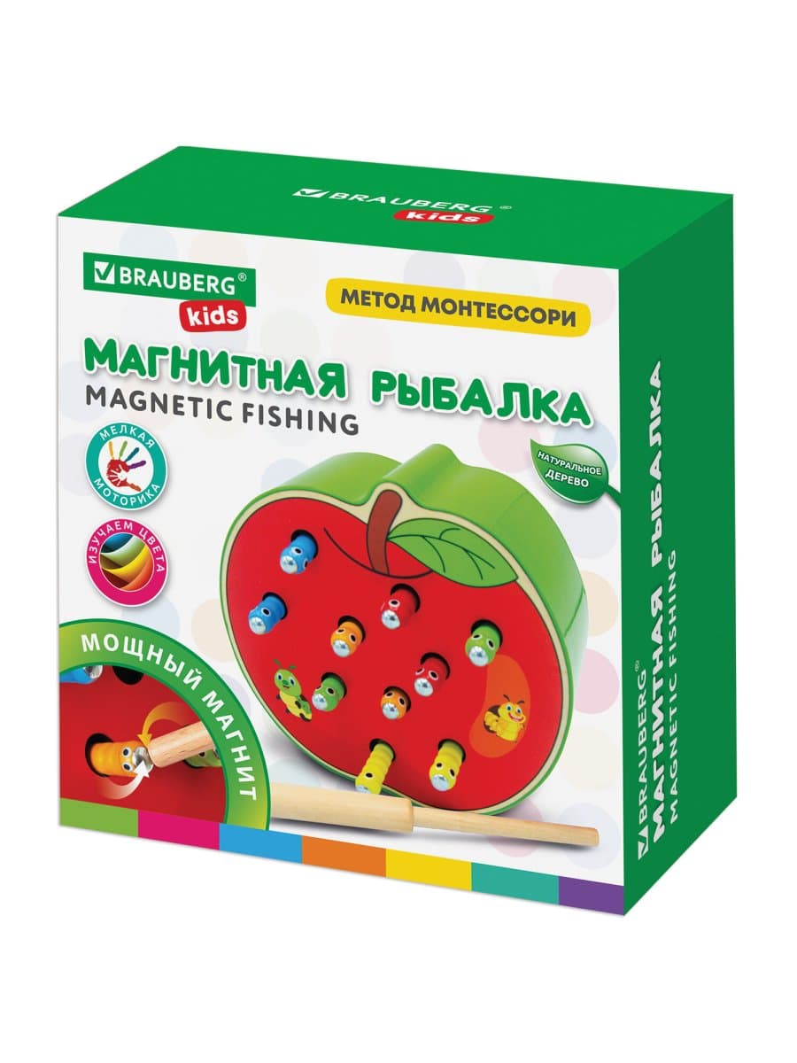 Сортер-рыбалка магнитный деревянный развивающий "Яблоко", BRAUBERG KIDS, 665244