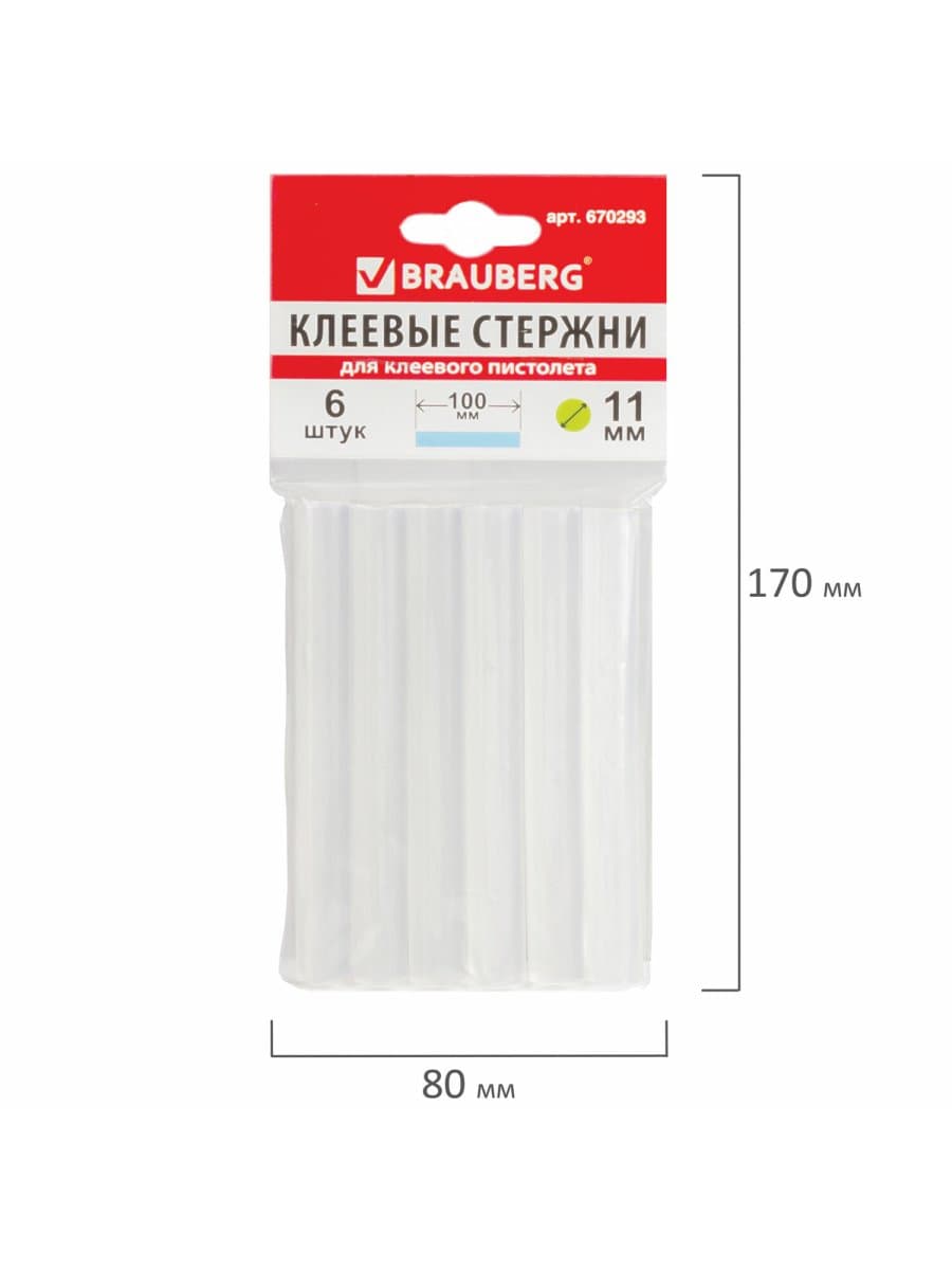 Клеевые стержни, диаметр 11 мм, длина 100 мм, прозрачные, комплект 6 шт., BRAUBERG, европодвес, 670293