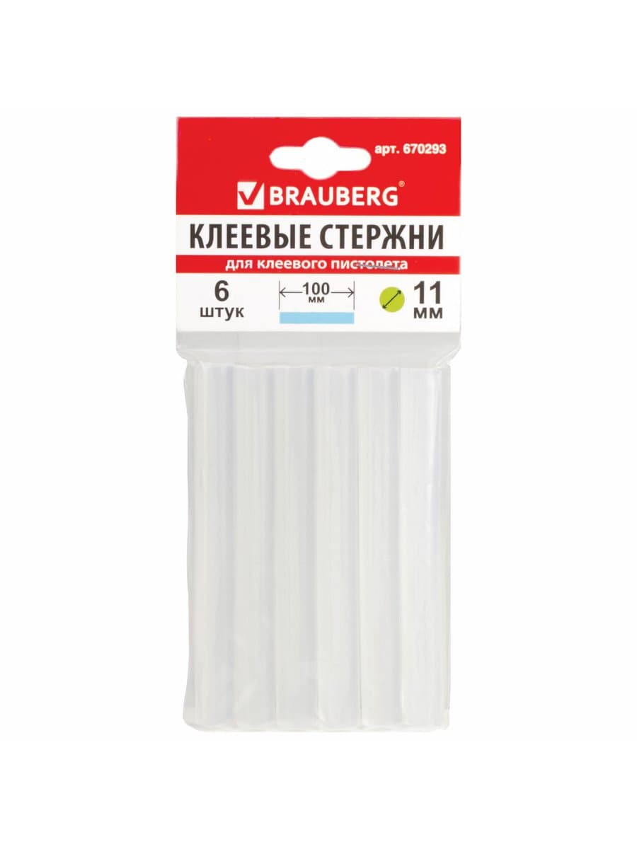 Клеевые стержни, диаметр 11 мм, длина 100 мм, прозрачные, комплект 6 шт., BRAUBERG, европодвес, 670293