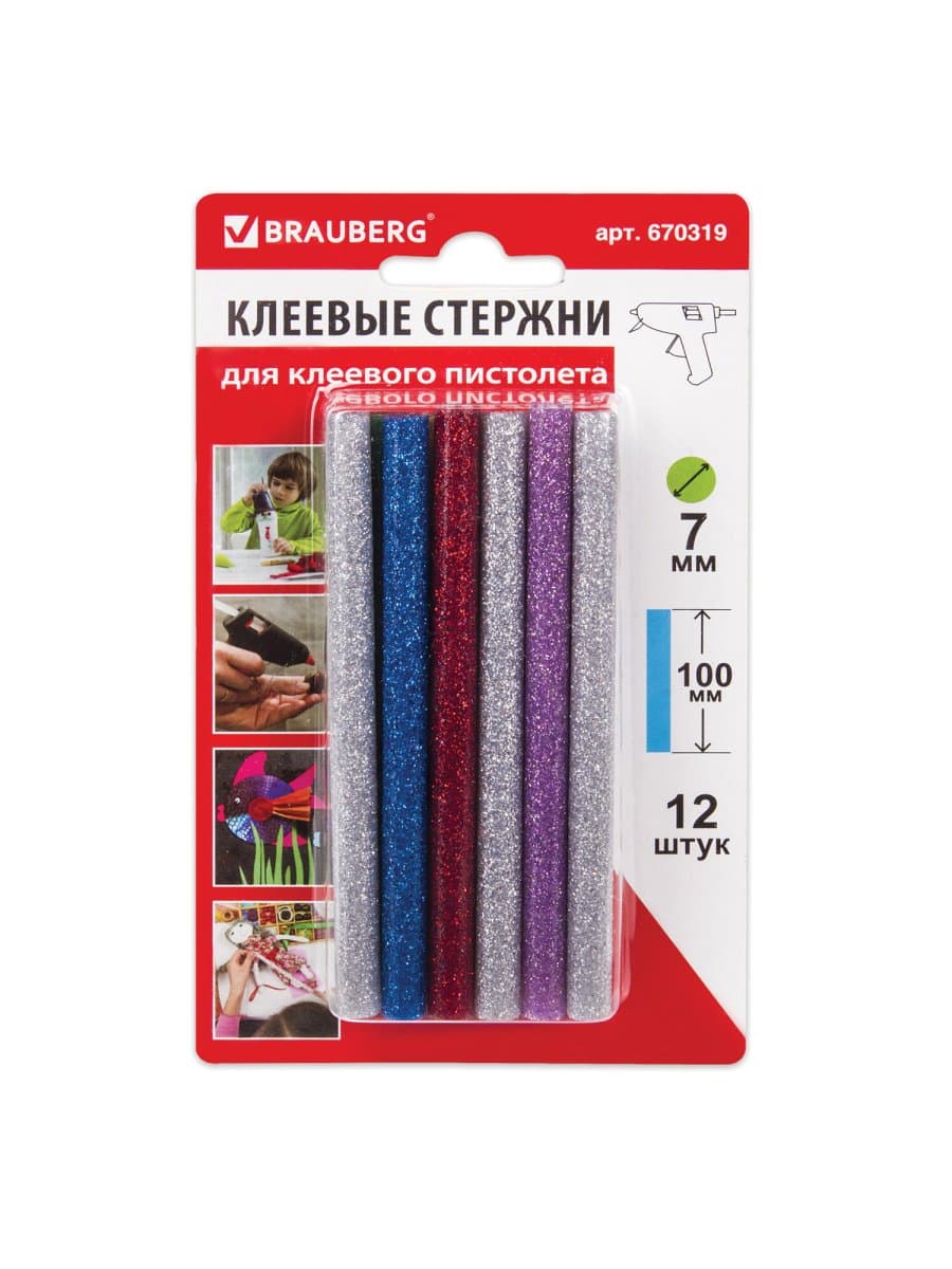 Клеевые стержни, диаметр 7 мм, длина 100 мм, цветные (ассорти), С БЛЕСТКАМИ, КОМПЛЕКТ 12 шт., 6 цветов, BRAUBERG, 670319