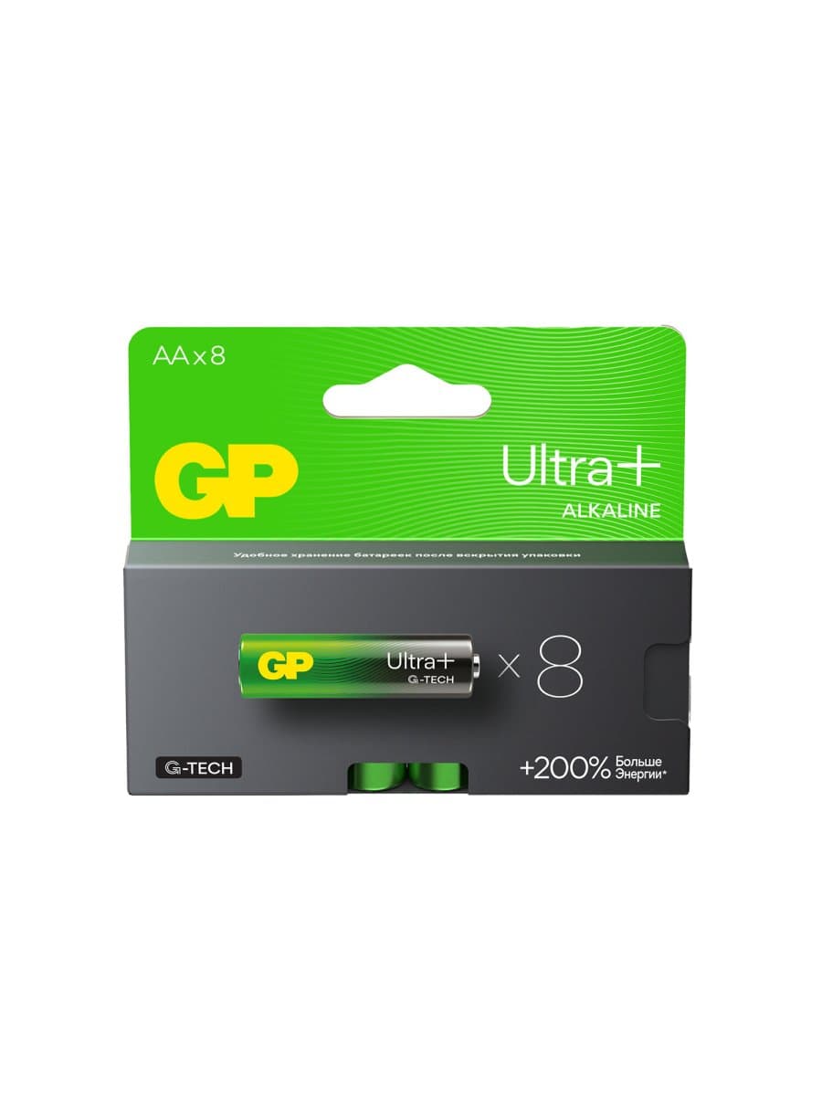 Батарейки КОМПЛЕКТ 8 шт., GP Ultra Plus G-Tech, AA (LR6), алкалиновые, пальчиковые, 15AUPA21-2CRB8