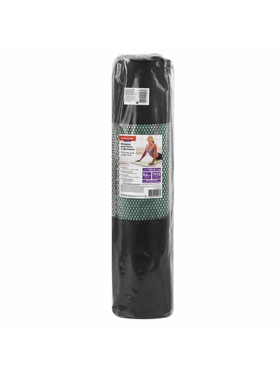 Коврик для йоги и фитнеса спортивный двухцветный, ТПЭ, 183x61x0,6 см, светло-зеленый/чёрный, DASWERK (ДАСВЕРК), 680031