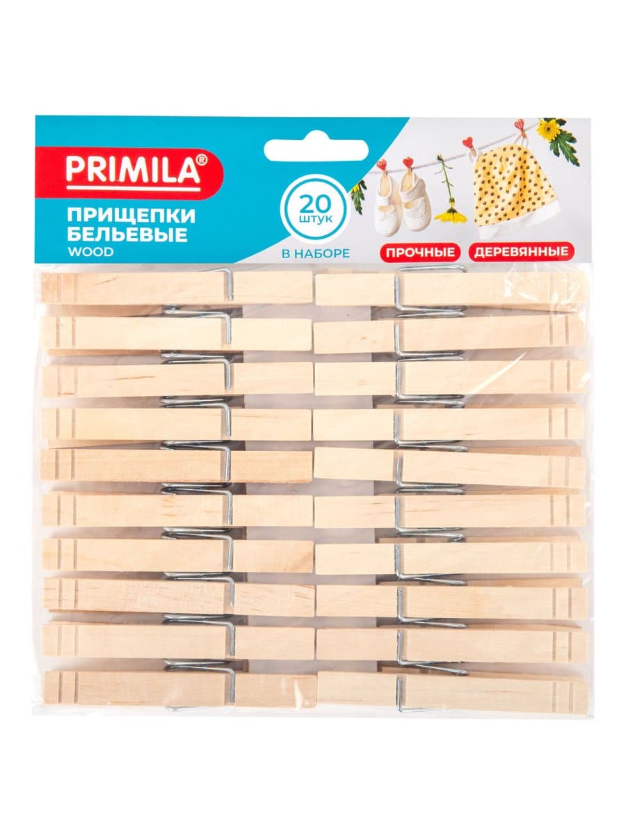 Прищепки бельевые 8,4 см, КОМПЛЕКТ 20 штук, дерево, PRIMILA (ПРИМИЛА) WOOD, 700513