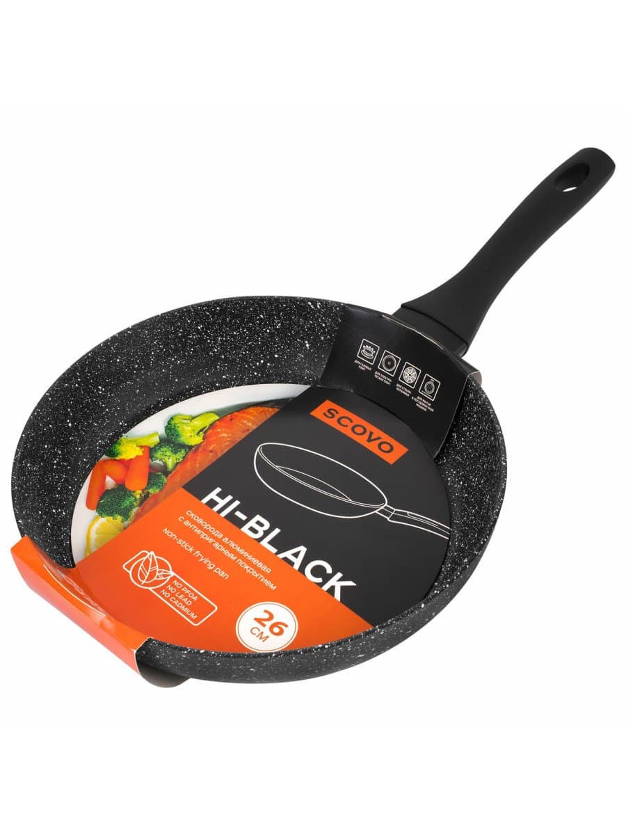 Сковорода 26 см, антипригарное покрытие, soft-touch ручка, SCOVO "Hi-Black", HB-004