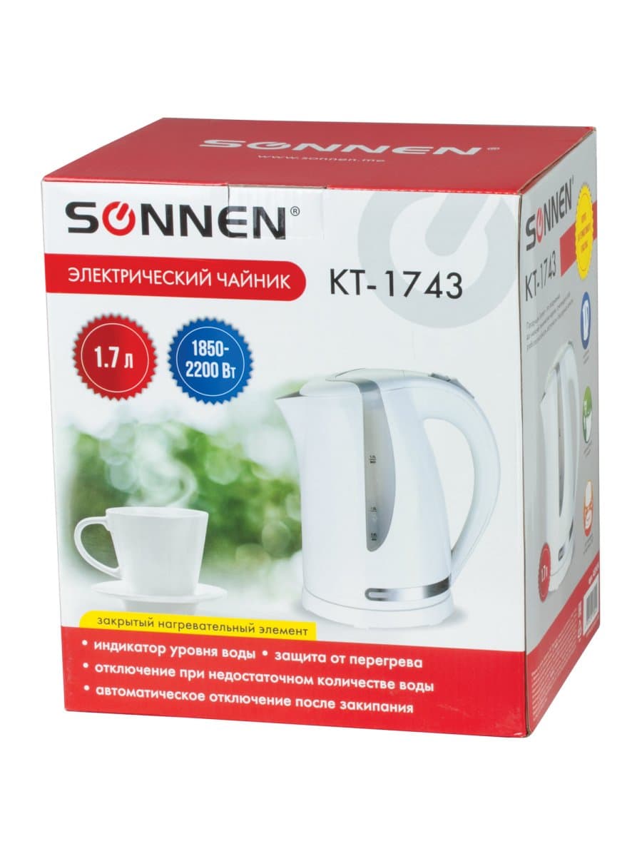 Чайник SONNEN KT-1743, 1,7 л, 2200 Вт, закрытый нагревательный элемент, пластик, белый, 453414