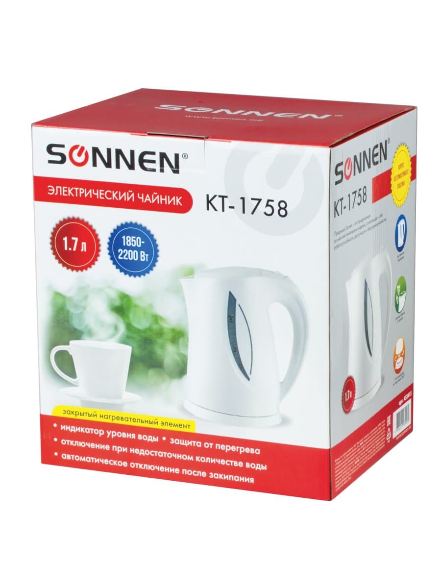 Чайник SONNEN KT-1758, 1,7 л, 2200 Вт, закрытый нагревательный элемент, пластик, белый, 453415