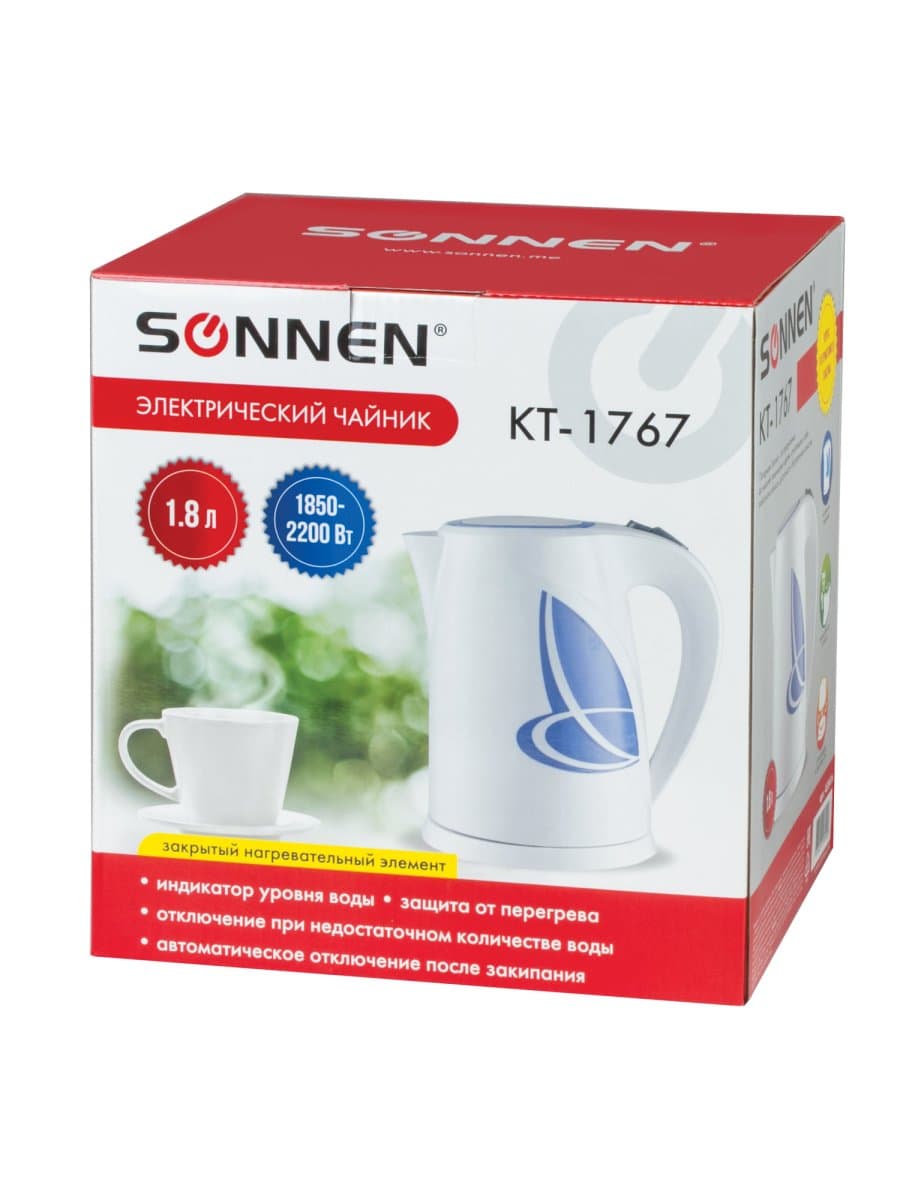 Чайник SONNEN KT-1767, 1,8 л, 2200 Вт, закрытый нагревательный элемент, пластик, белый/синий, 453416