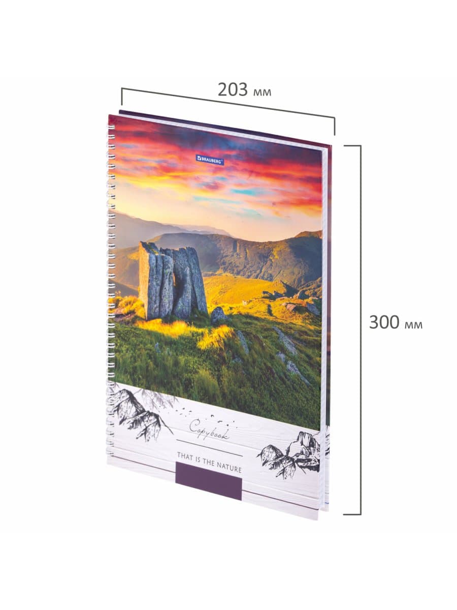 Тетрадь А4, 80 л., BRAUBERG, гребень, клетка, обложка твердая, "Nature", 404054