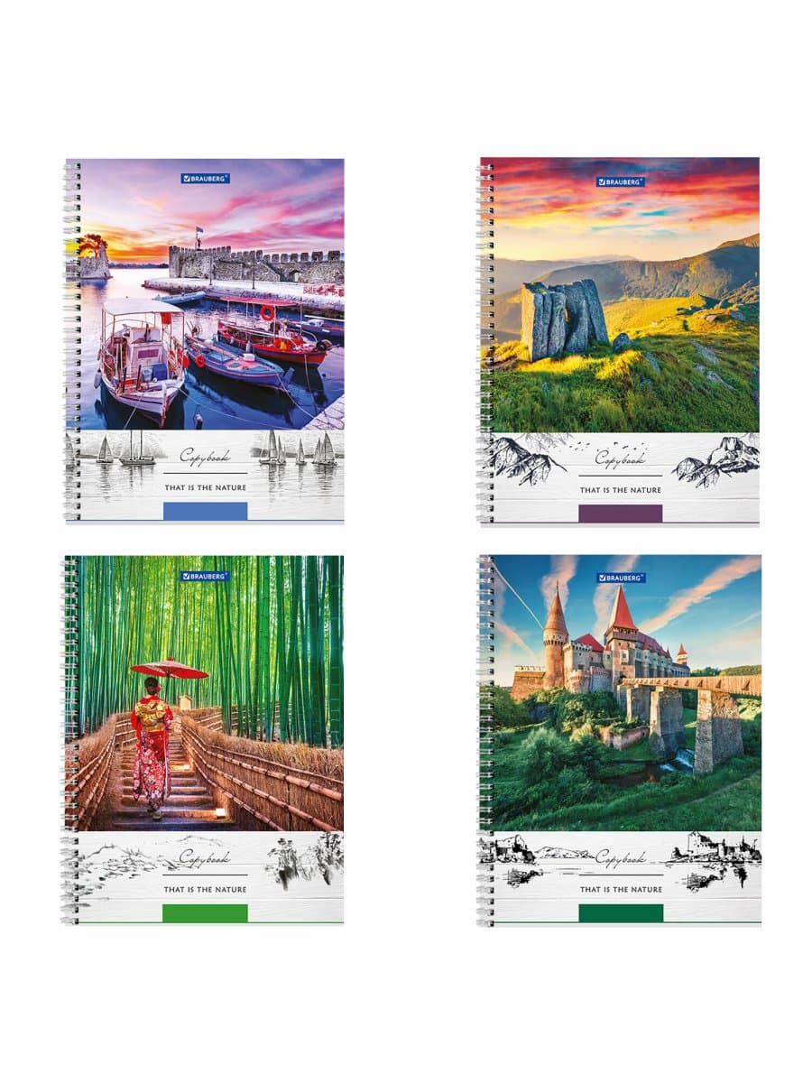 Тетрадь А4, 80 л., BRAUBERG, гребень, клетка, обложка твердая, "Nature", 404054