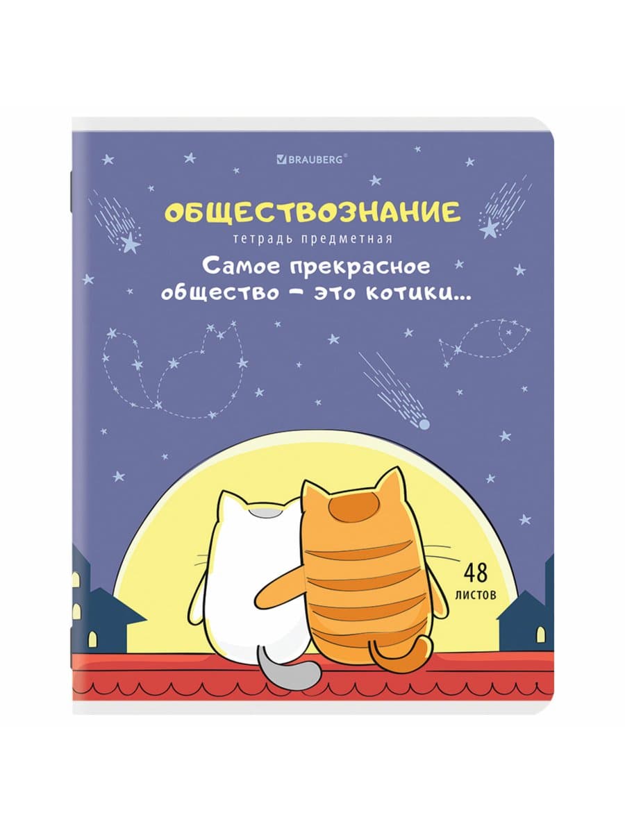 Тетрадь предметная "КОТ-ЭНТУЗИАСТ" 48 л., TWIN-лак, ОБЩЕСТВОЗНАНИЕ, клетка, подсказ, BRAUBERG, 404557